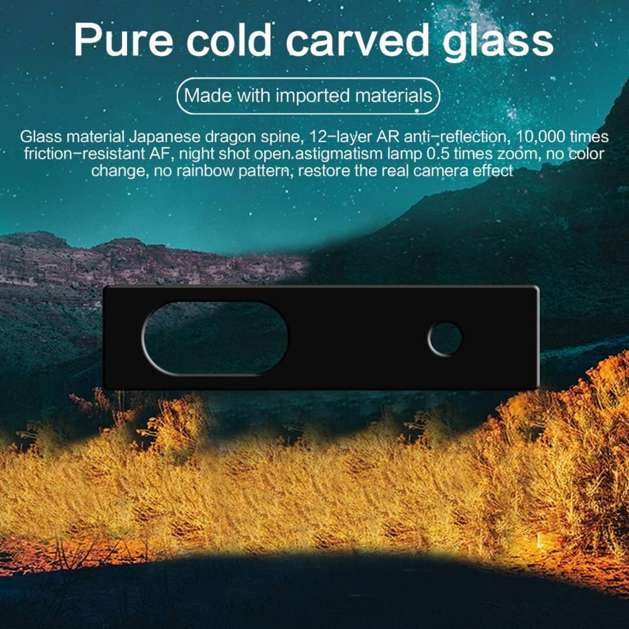 Ein schwarzer Displayschutz mit zwei Kreisen. Text: Reines kaltgeschnittenes Glas.