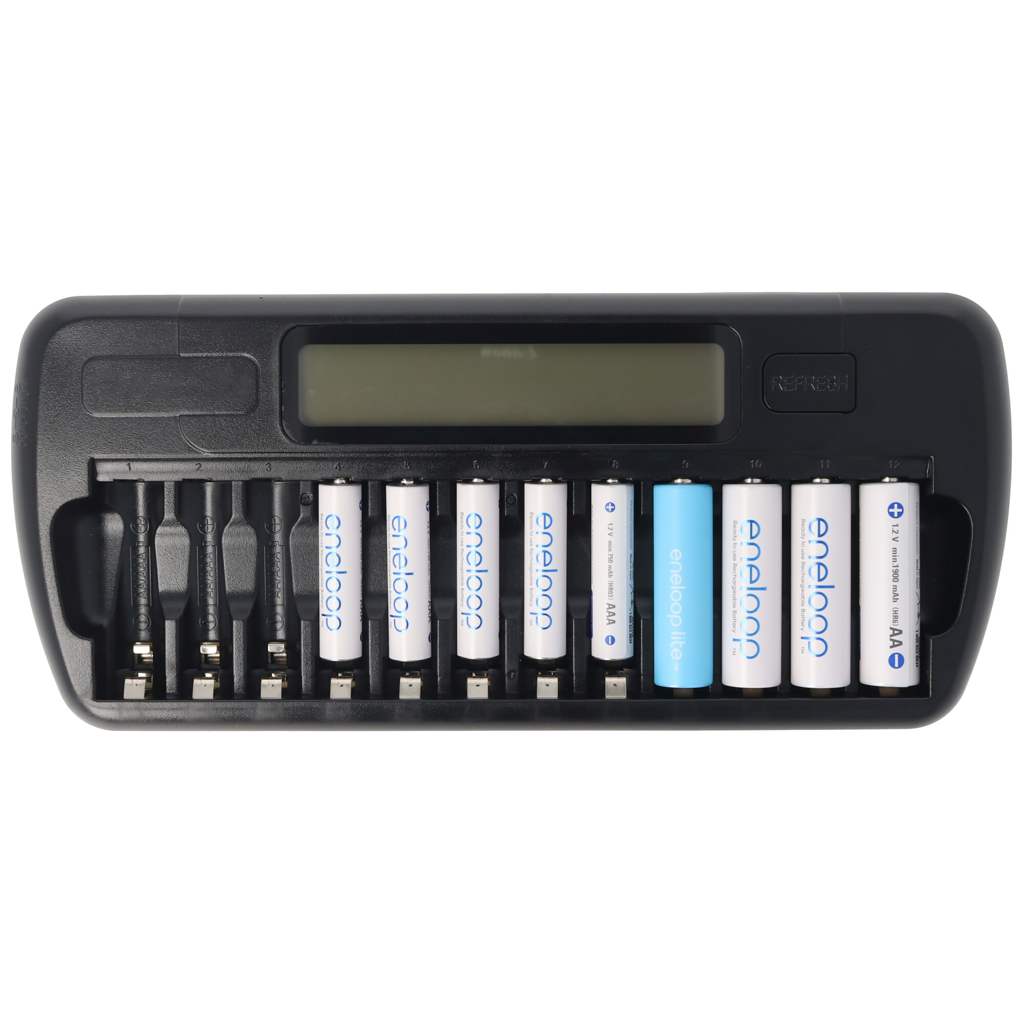 Schwarzes Batterieladegerät mit Batterien. Es hat einen Bildschirm und Steckplätze für Batterien.