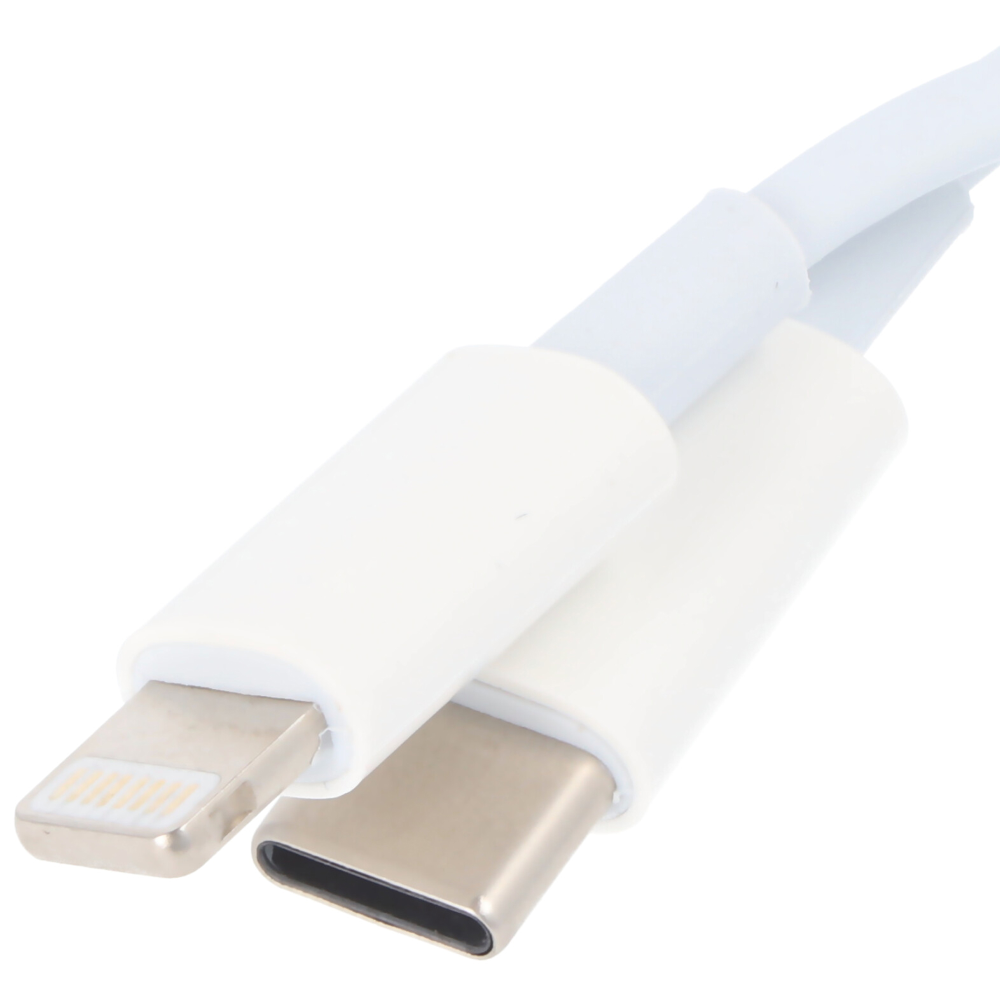 Weißes Ladekabel mit zwei verschiedenen Enden: einem Lightning- und einem USB-C-Anschluss.