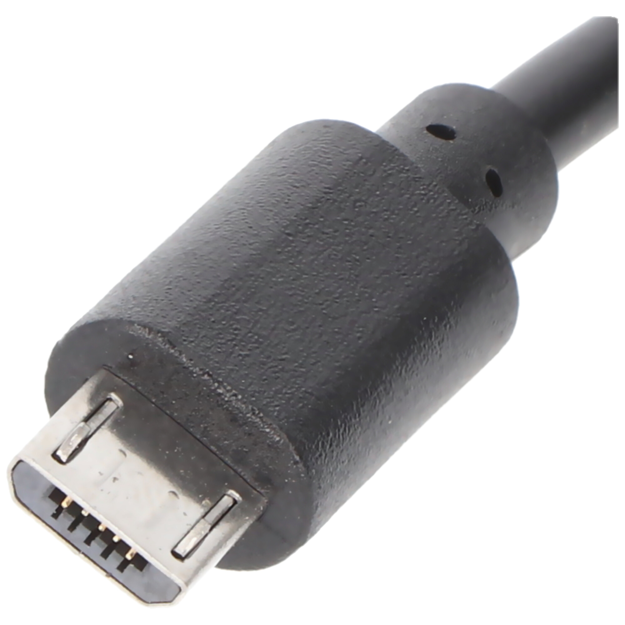 Nahaufnahme eines schwarzen USB-C-Anschlusses mit metallischem Ende, isoliert auf weißem Hintergrund.