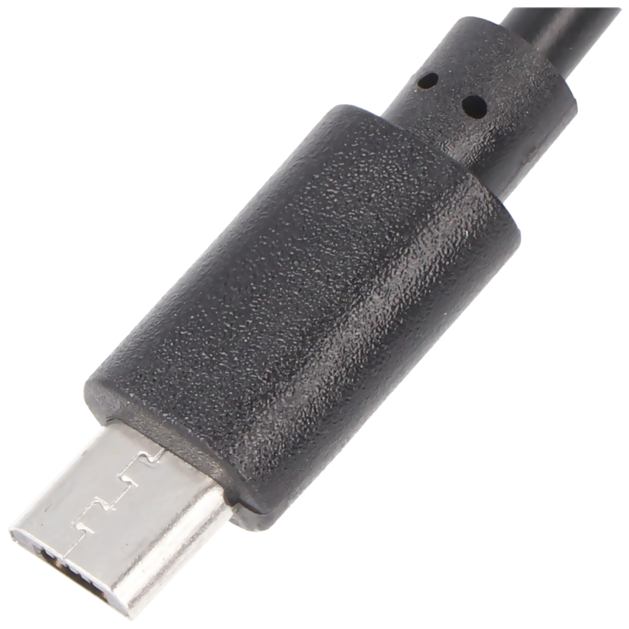 Ein schwarzer USB-C-Anschluss mit einem schwarzen Kabel, das sich davon erstreckt.