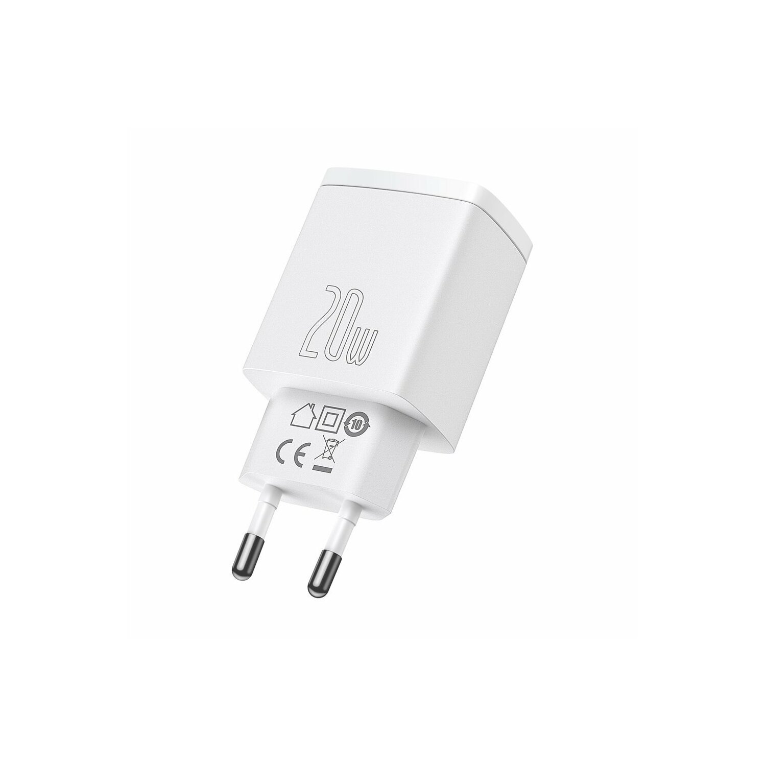 Biała ładowarka 20W z dwoma bolcami, widok z kąta. Białe tło.