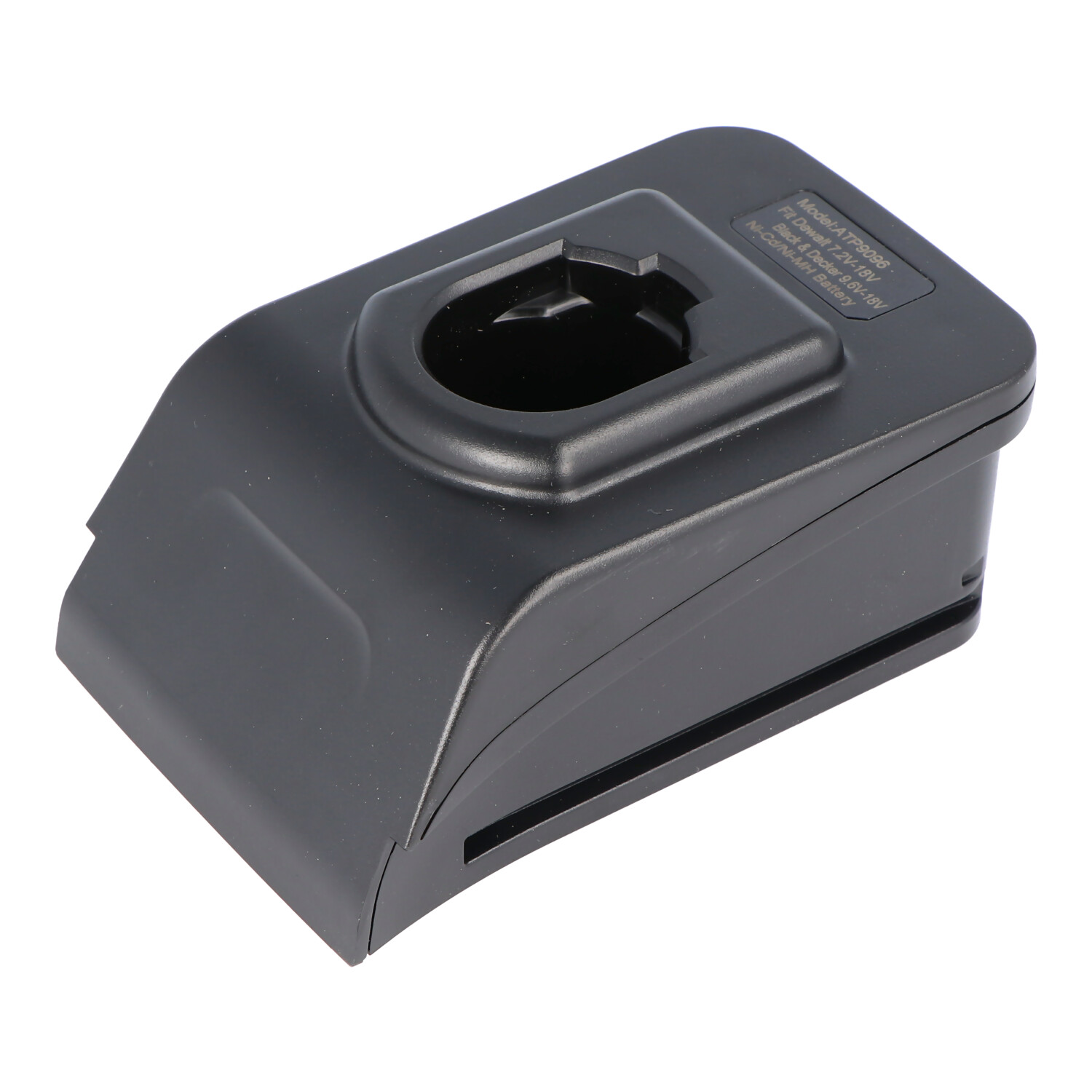 Een zwart laadstation voor een batterij met een specifieke vormfactor.