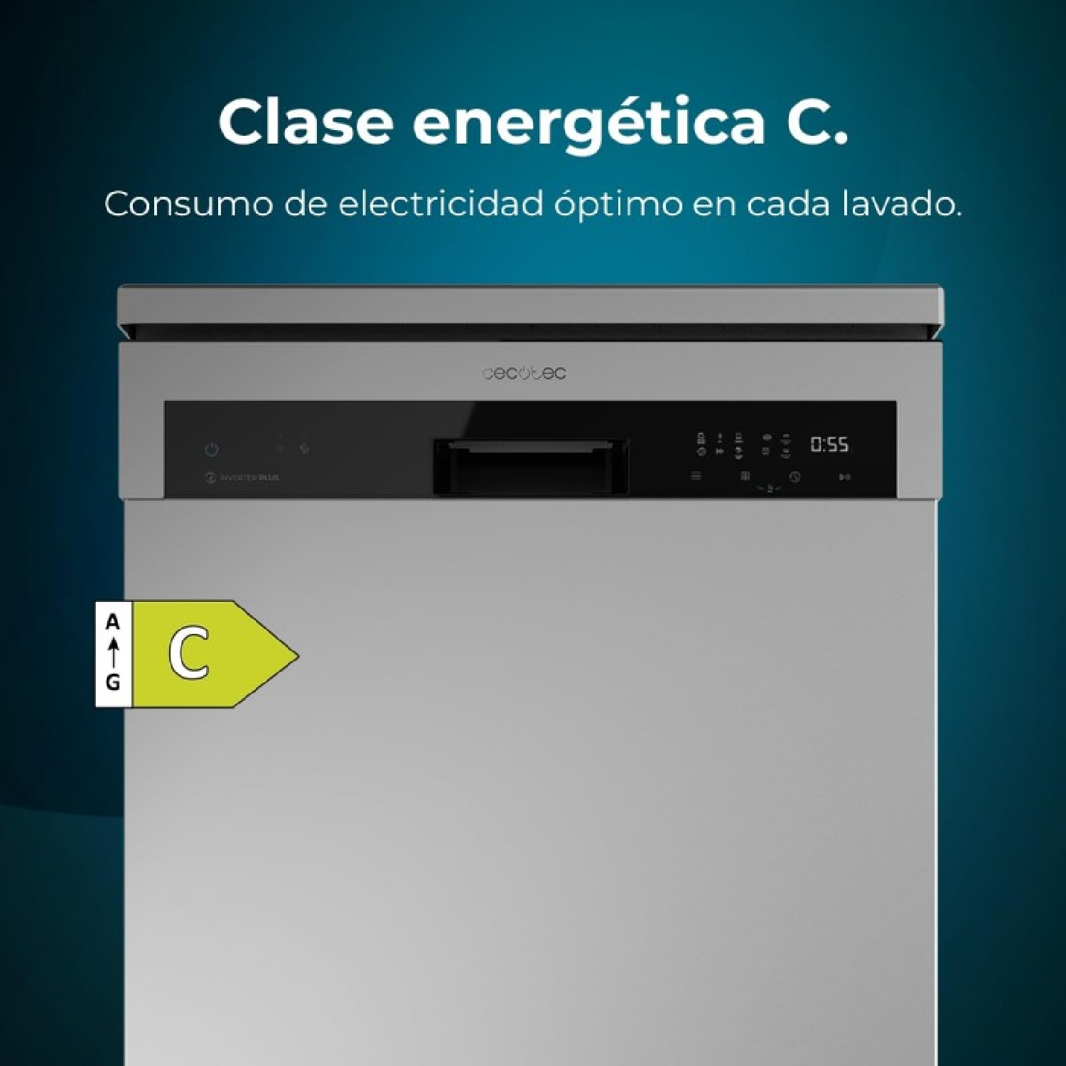 Srebrna zmywarka z napisem 'Clase energética C.' i etykietą efektywności energetycznej.