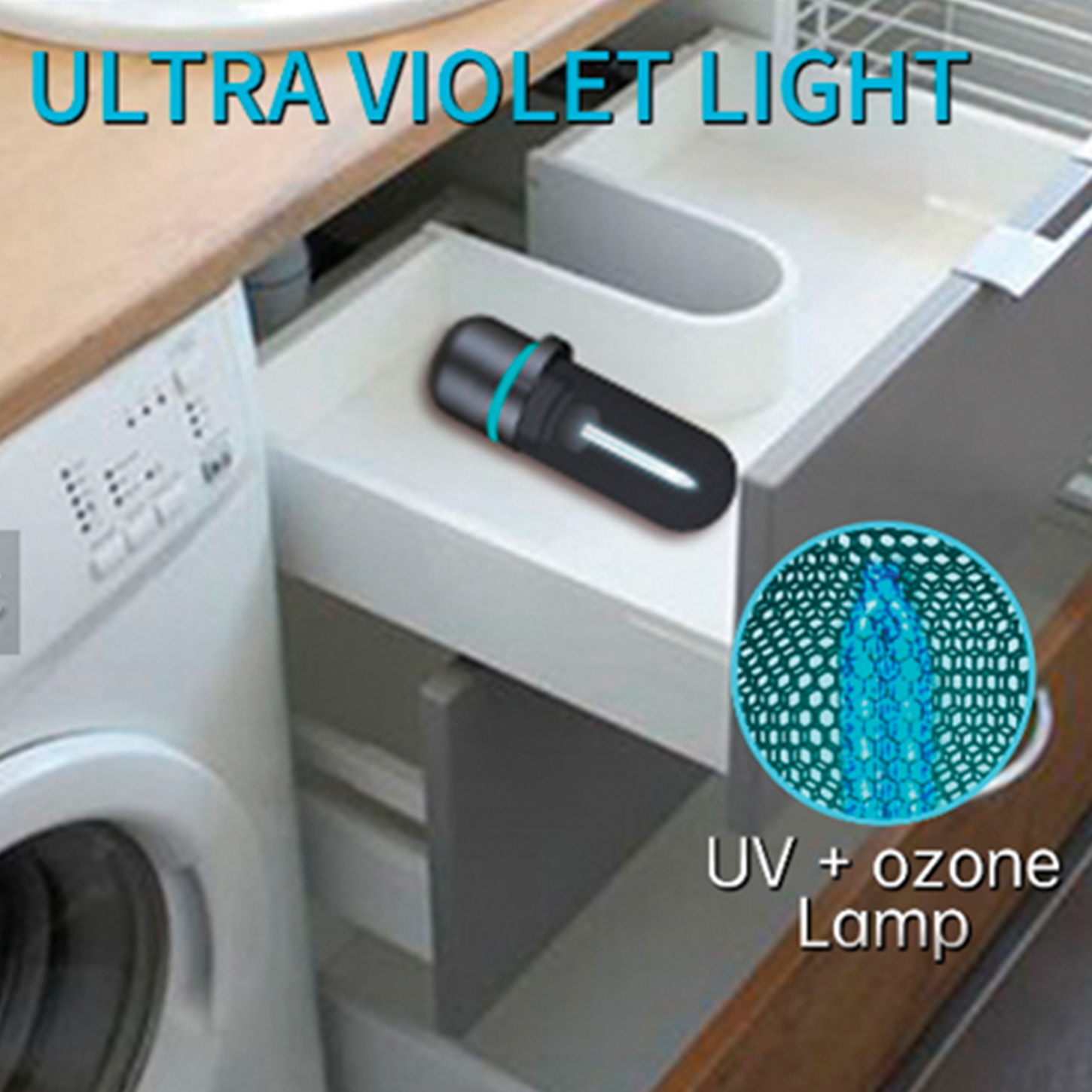 Una lámpara UV dentro de un cajón. Una luz azul brilla a través de la lámpara.