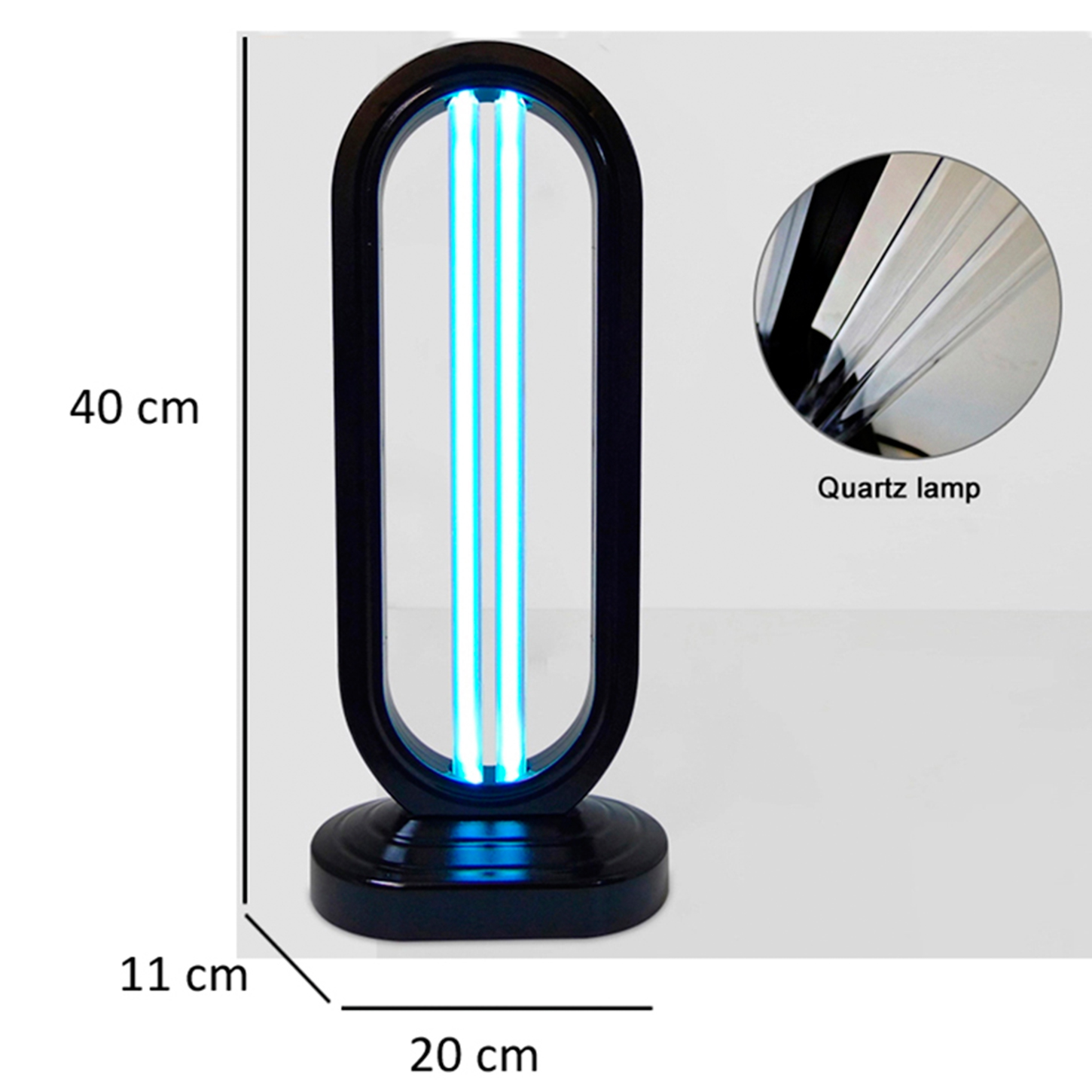 Lámpara UV negra con luces azules, dimensiones y detalle de lámpara de cuarzo.