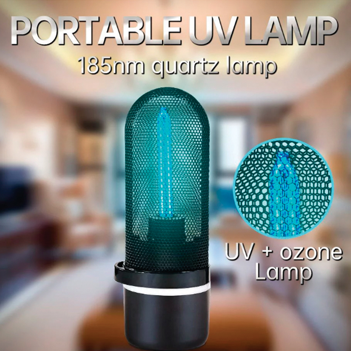 Una lámpara UV portátil con una luz azul dentro de una carcasa de malla. El texto describe la función de la lámpara.