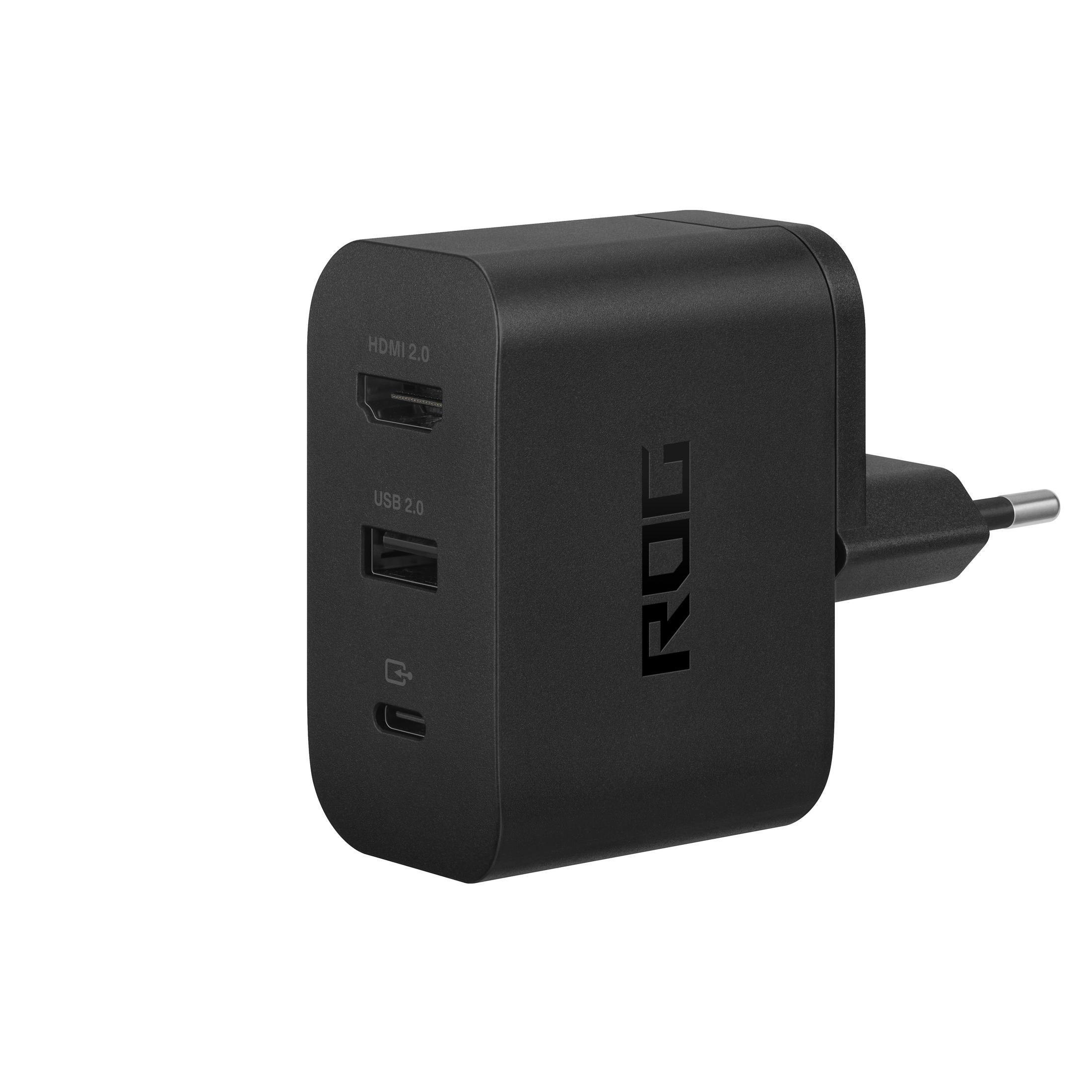 Ein schwarzer ROG-Netzadapter mit HDMI-, USB- und USB-C-Anschlüssen, mit Stecker.