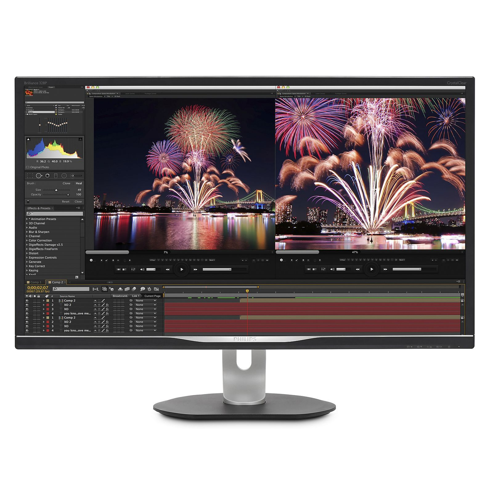 Un monitor mostra schermo diviso con fuochi d'artificio sull'acqua. Interfaccia software a sinistra.