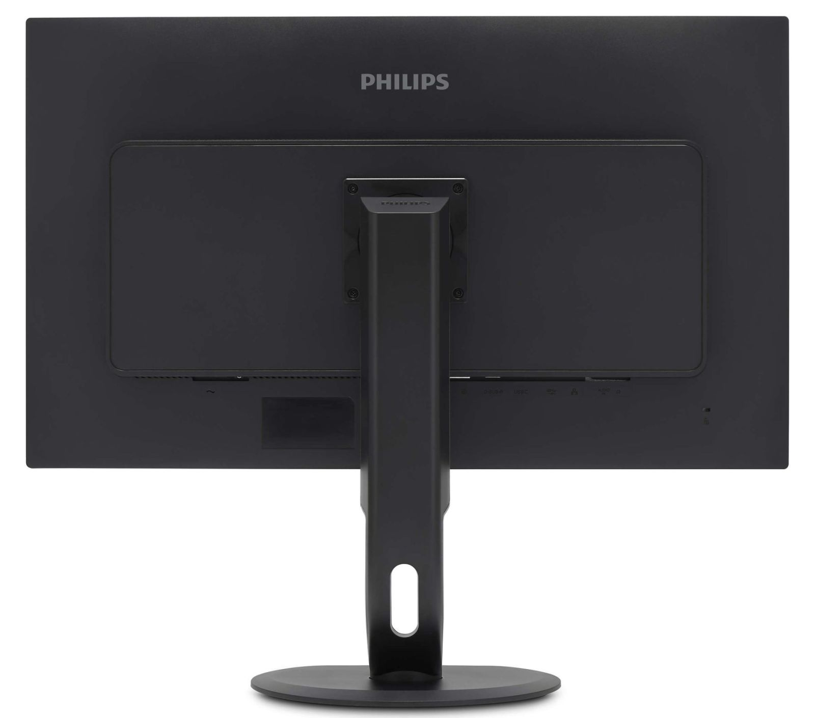 Retro di monitor per computer nero con supporto. Sono visibili varie porte e connettori.