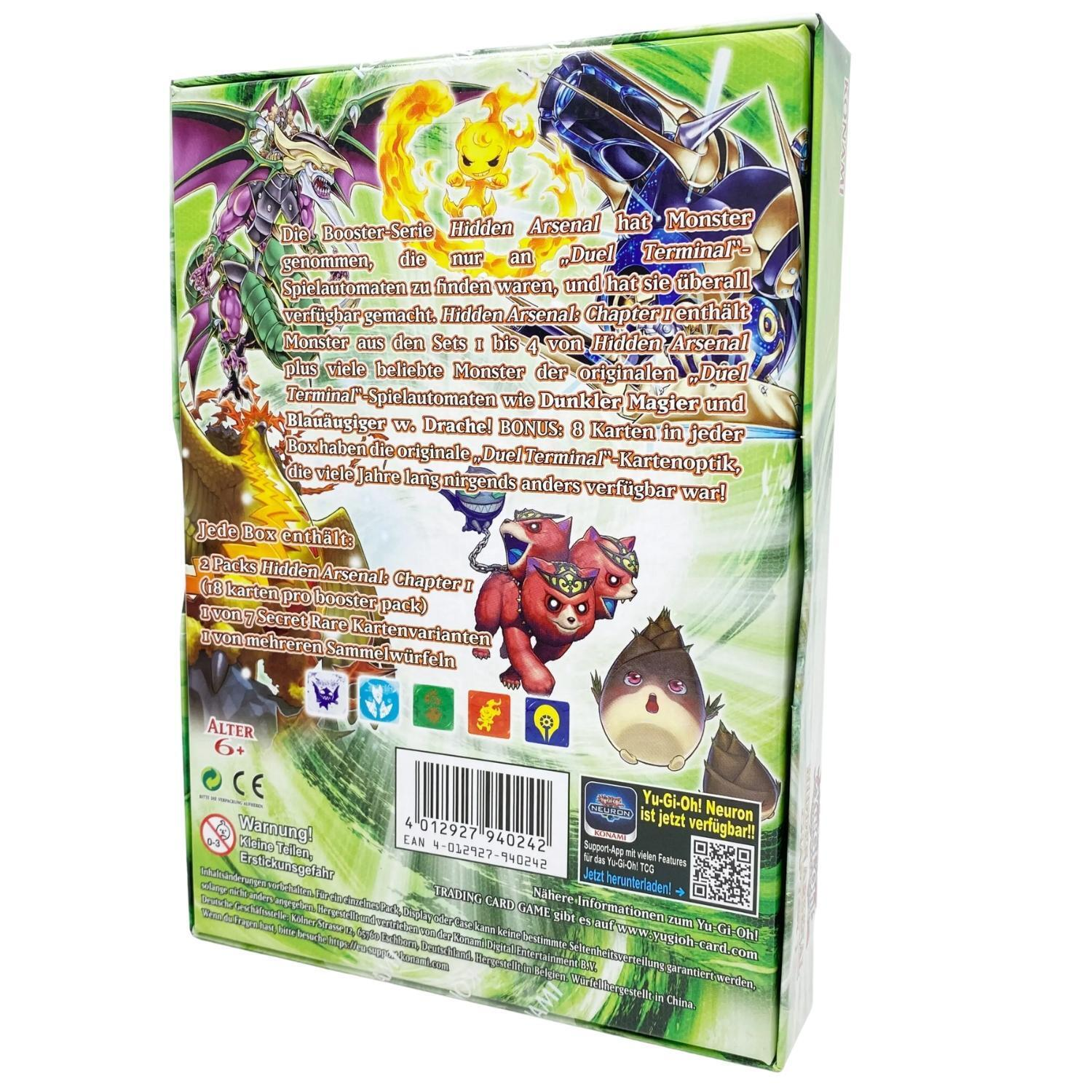 Rückseite einer Yu-Gi-Oh!-Kartenpackung. Text und Charakterbilder werden angezeigt.