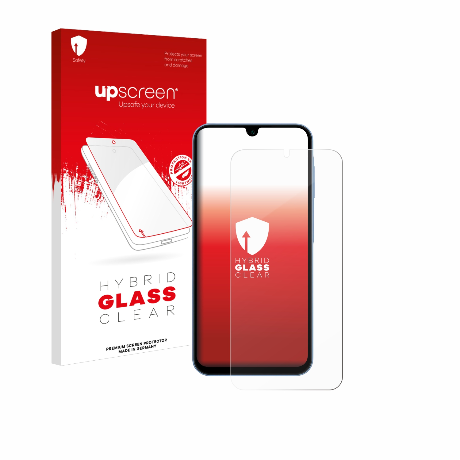 Telefonschutzfolie und Schachtel. Schachtel hat 'upscreen' und 'HYBRID GLASS CLEAR' Etikett, auf weißem Hintergrund.