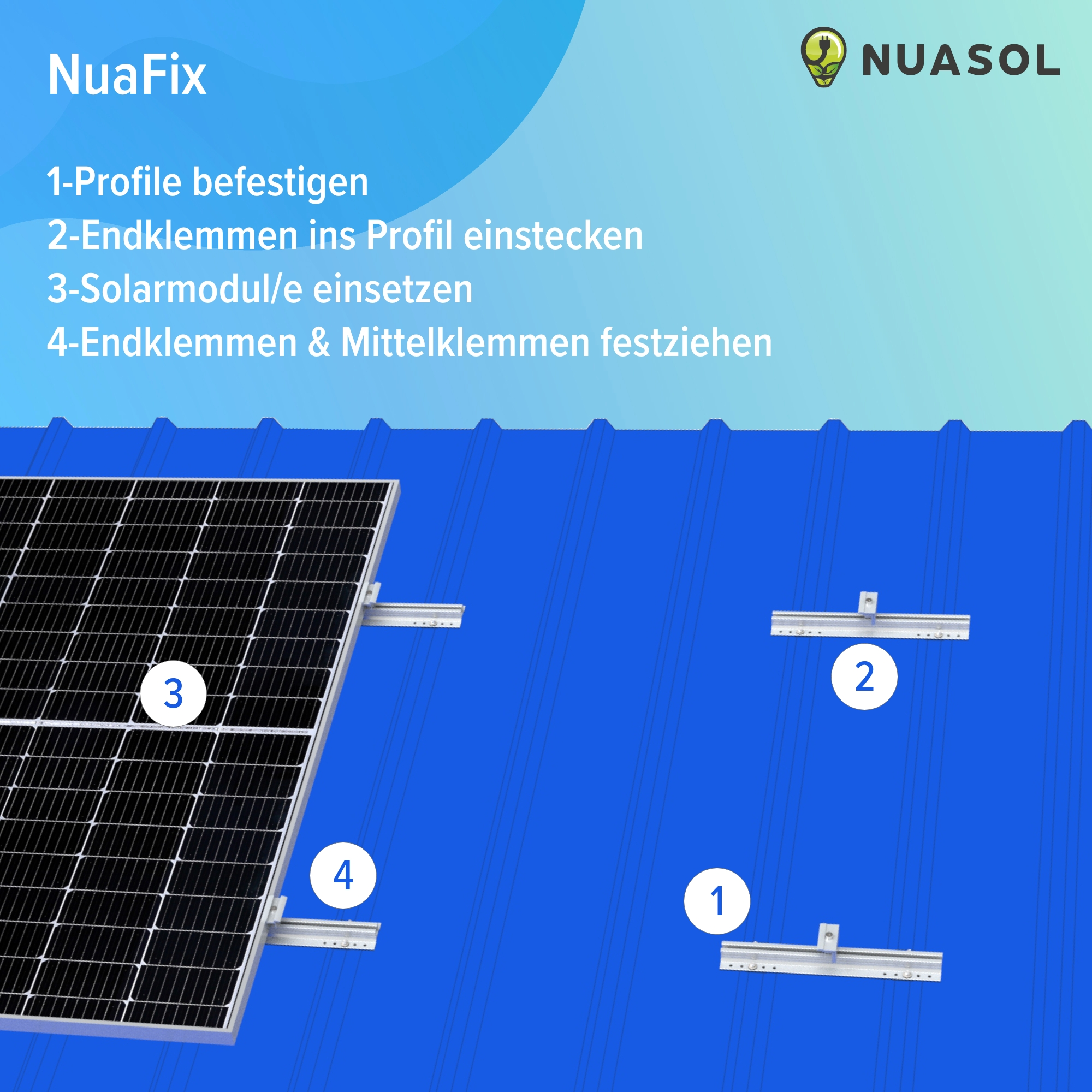 Solarpanel-Installationsanleitung. Zeigt Schritte mit Nummern und Solarmodulkomponenten.