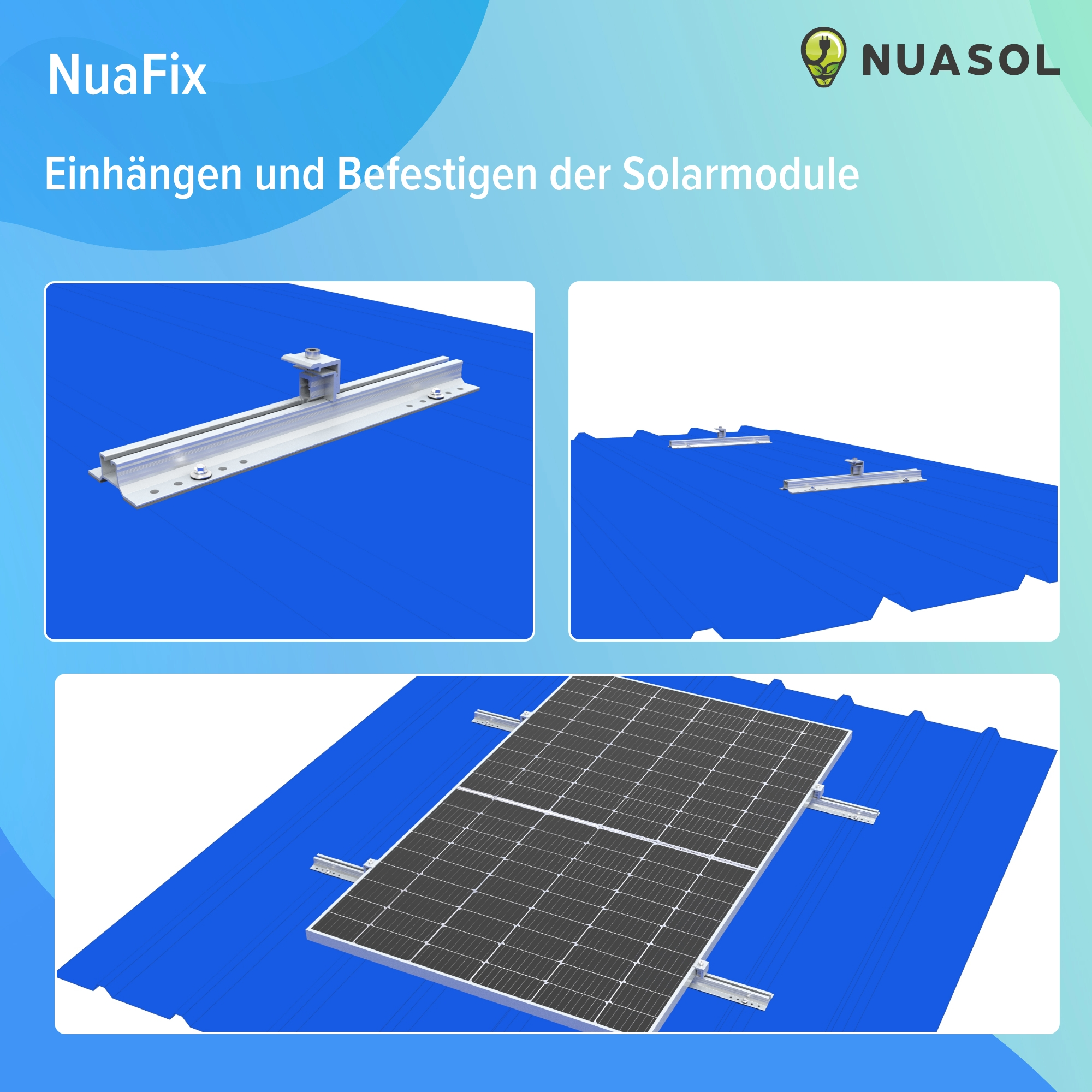 Diagramm zur Solarmodulinstallation. Text enthält 'NuaFix' und 'Solarmodul'.