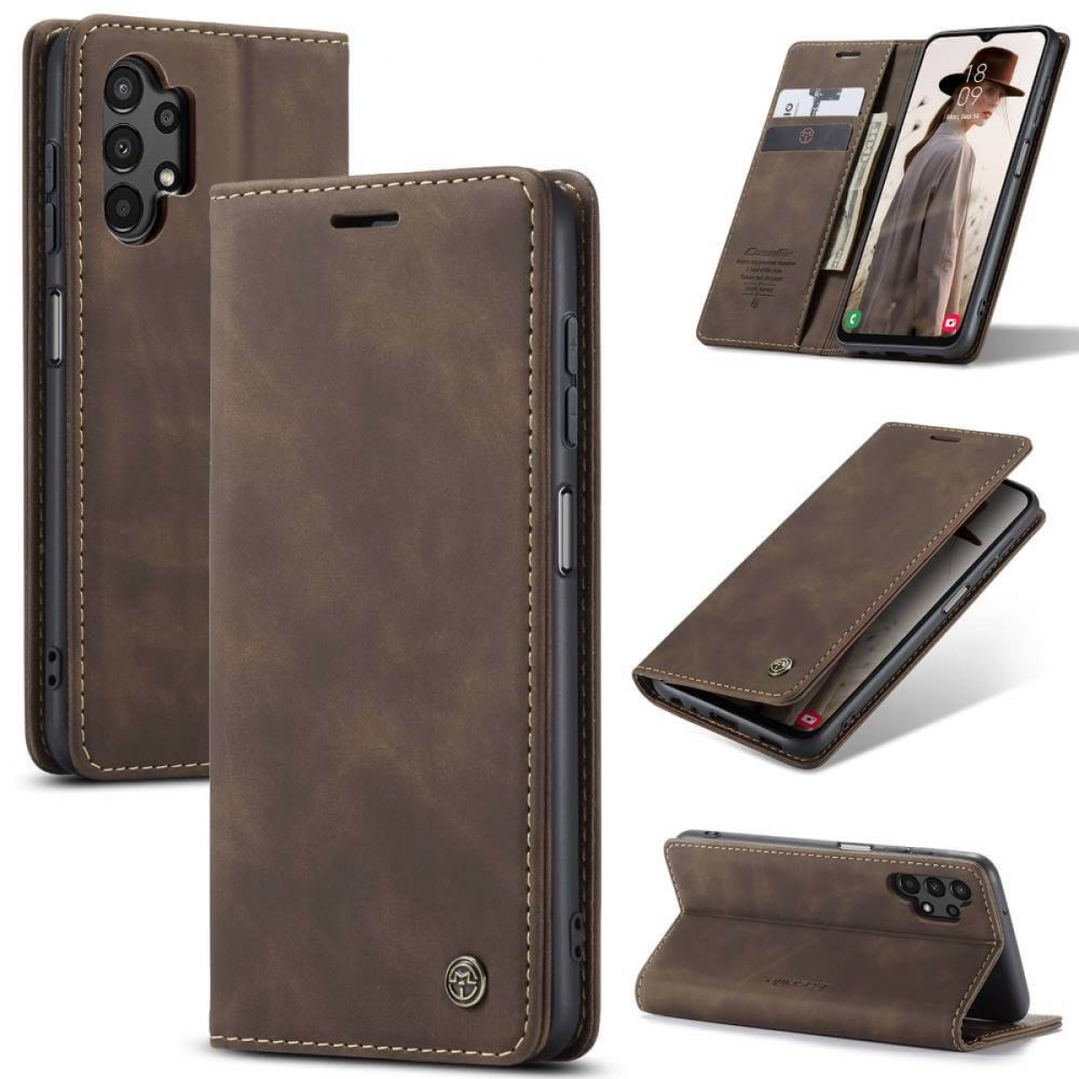 Braune Leder-Handyhülle mit Telefon und Kartenfächern. Weißer Hintergrund.