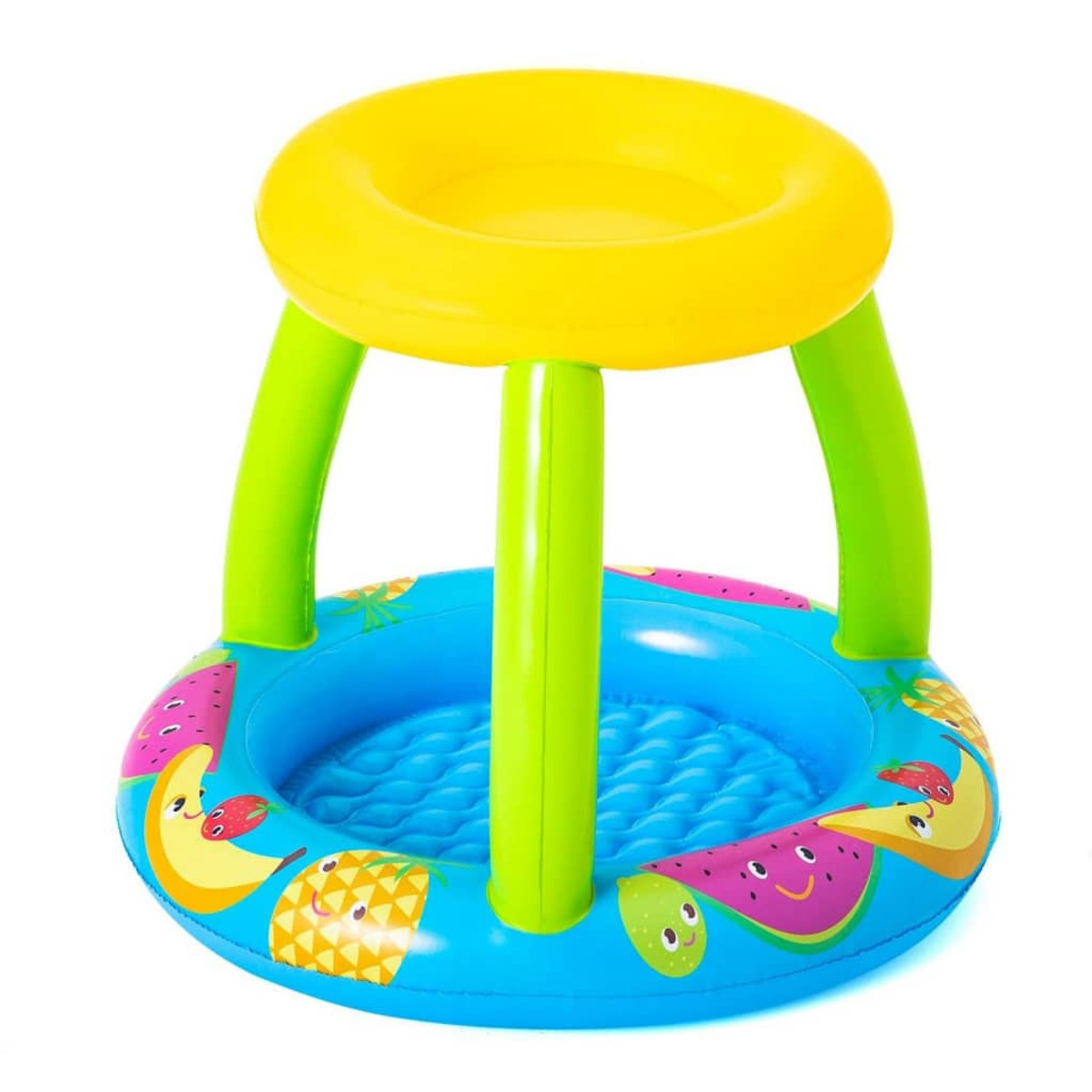 Aufblasbares blau-gelbes Planschbecken mit Fruchtdesign und gelbem Sitz.