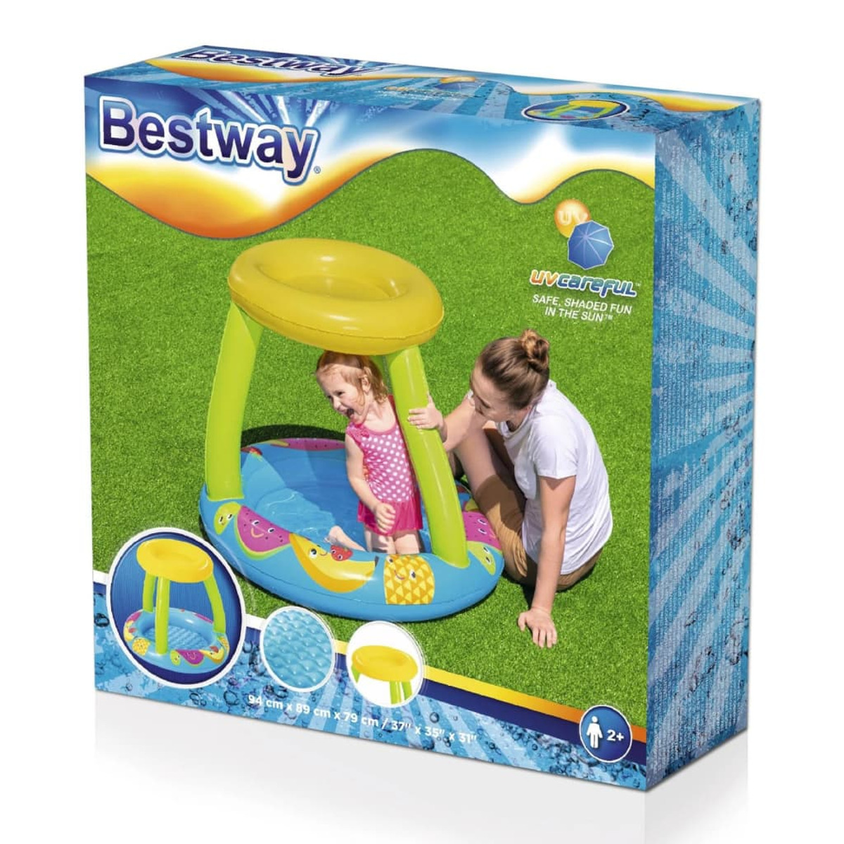 Aufblasbarer Bestway-Pool mit Kind und Frau, grüner Gras Hintergrund.