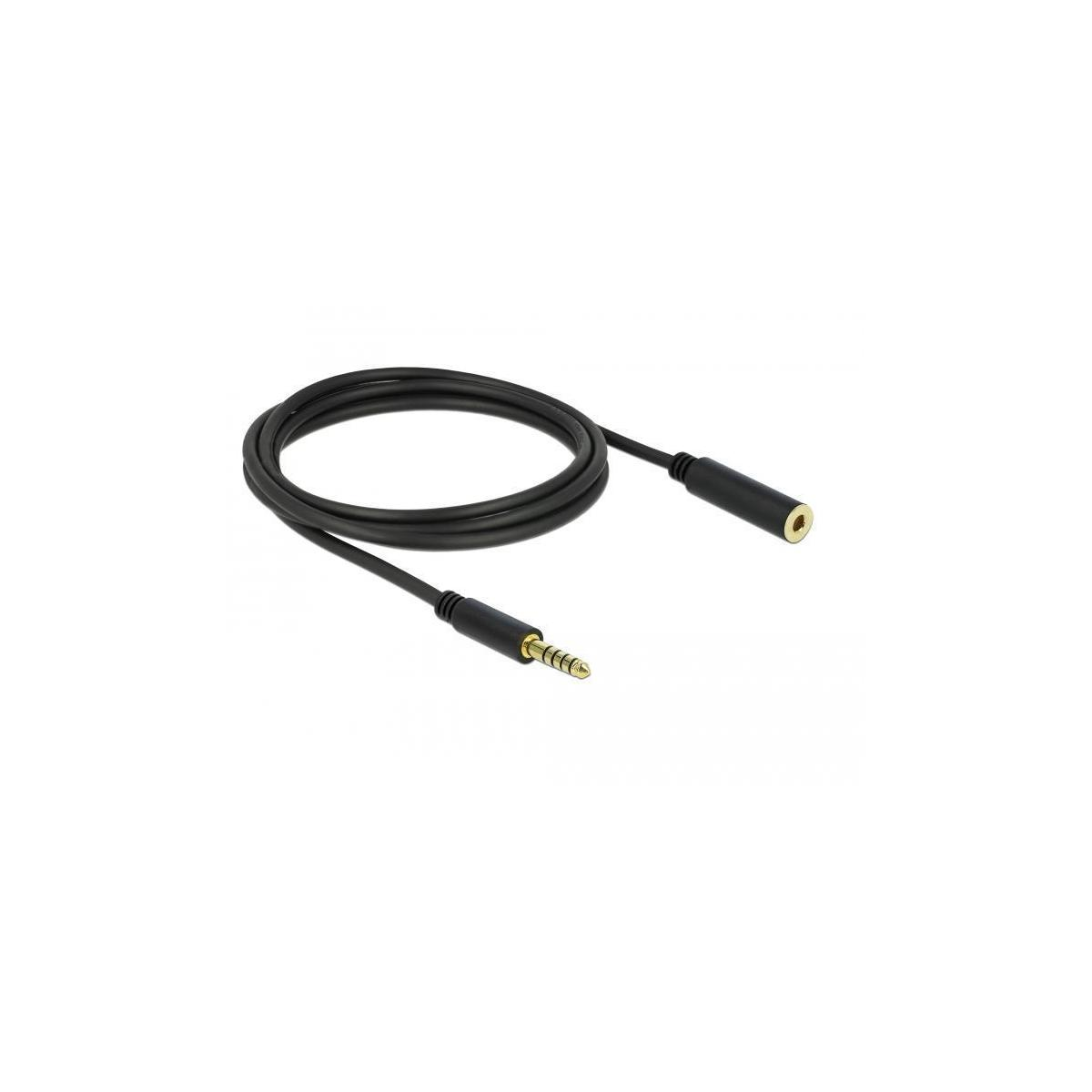 Ein schwarzes Audiokabel mit goldfarbenem Stecker.