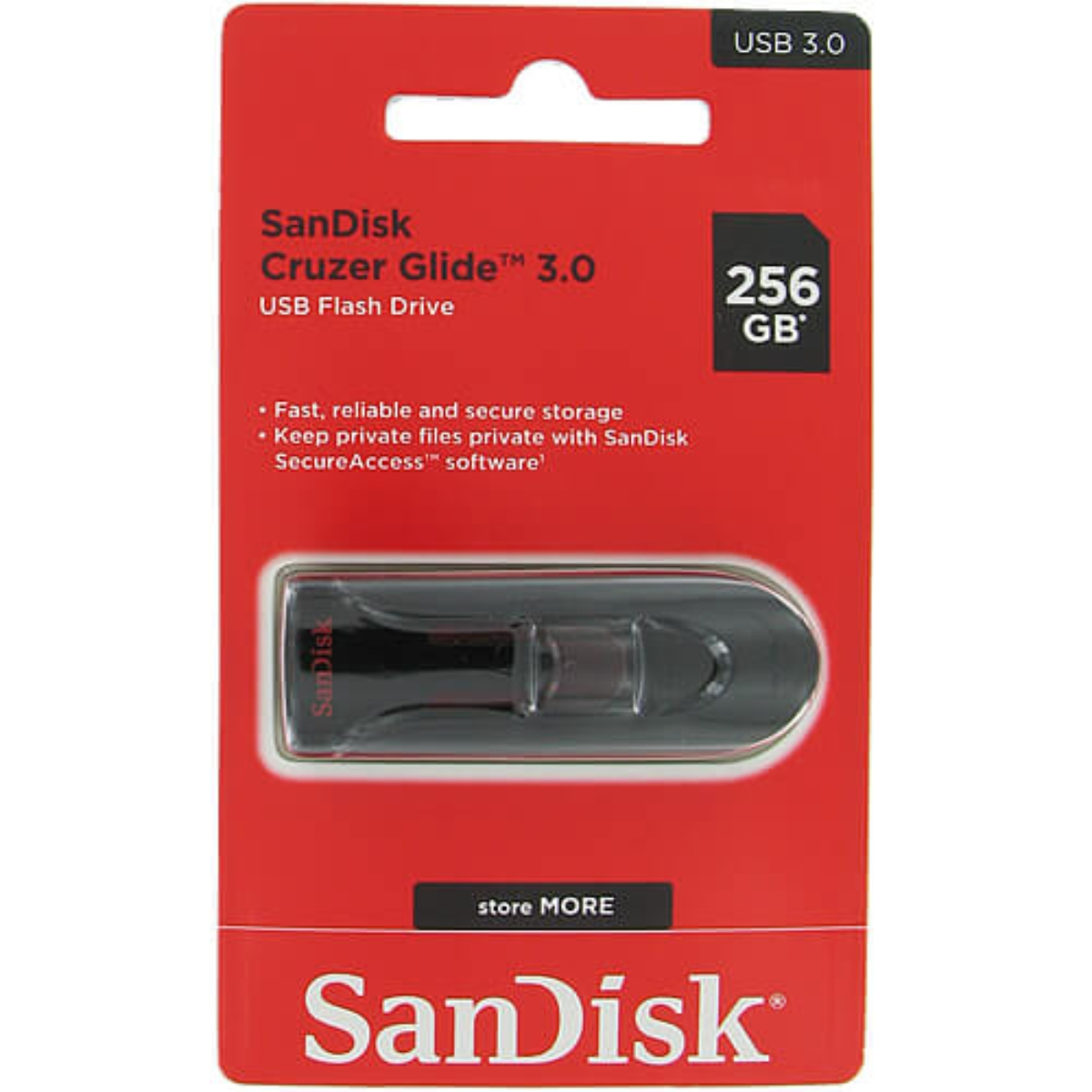 Roter und schwarzer SanDisk Cruzer Glide USB-Flash-Laufwerk. Rote Verpackung.