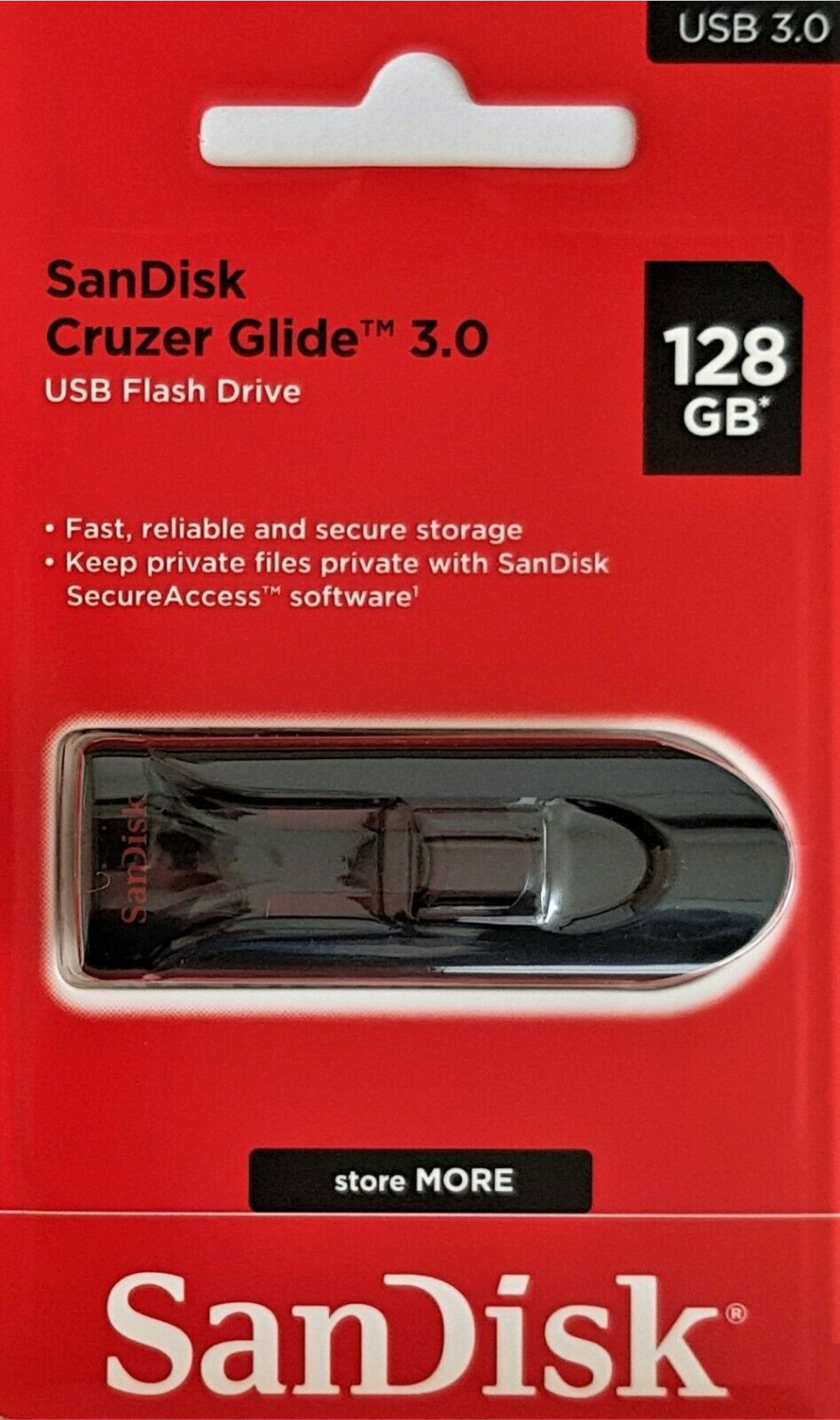 Czerwono-białe opakowanie pendrive'a SanDisk Cruzer Glide USB, z czarnym pendrive'em w środku.