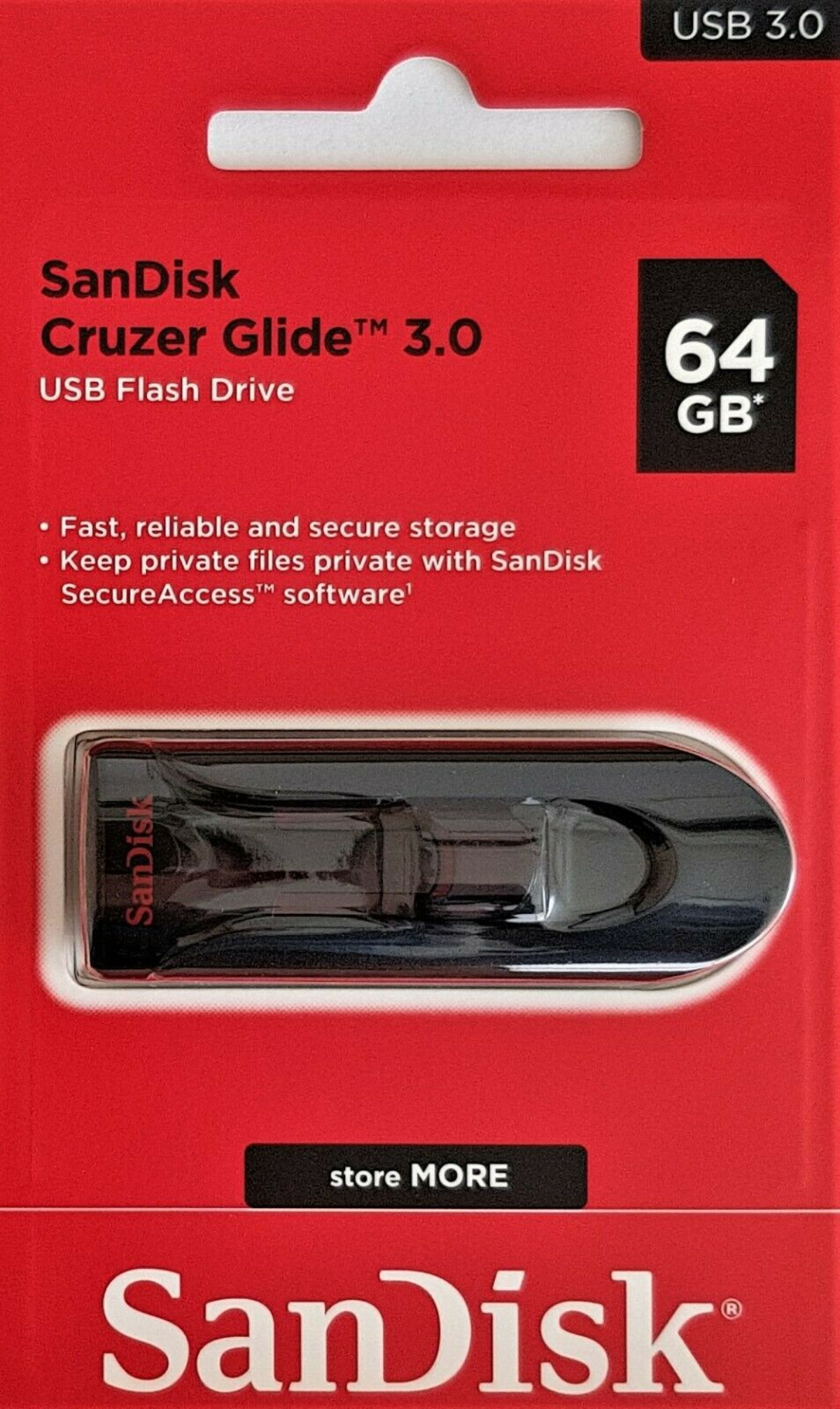 Czerwono-czarne opakowanie pendrive'a USB z widocznym napędem.