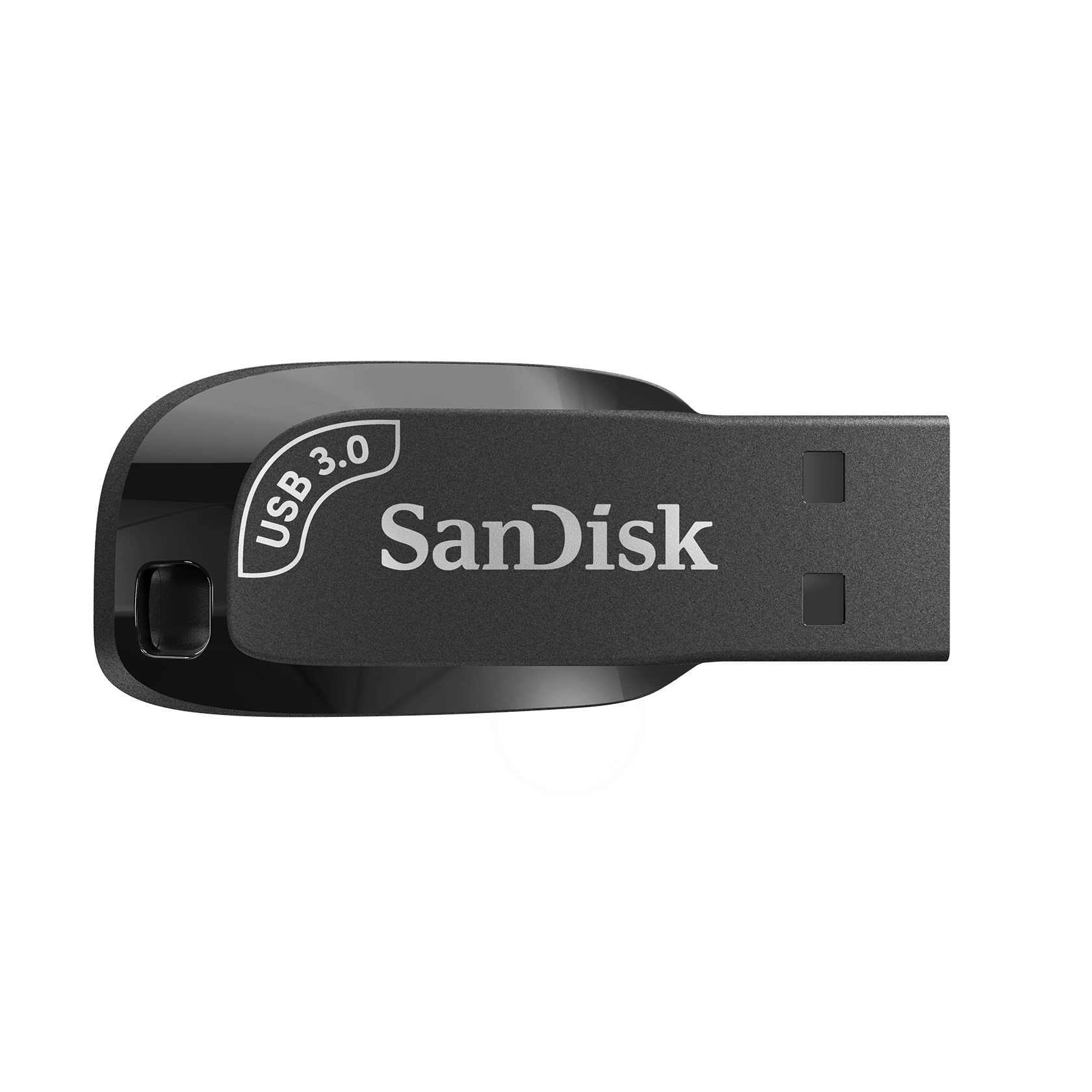 Chiavetta USB SanDisk nera. Etichetta USB 3.0. Sfondo bianco, vista dall'alto.