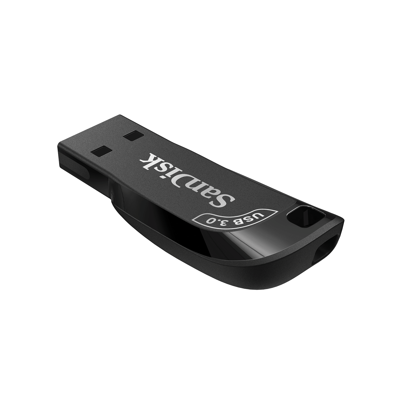 Schwarzer Sandisk USB 3.0-Flash-Laufwerk auf schwarzem Hintergrund. Marke und USB sichtbar.