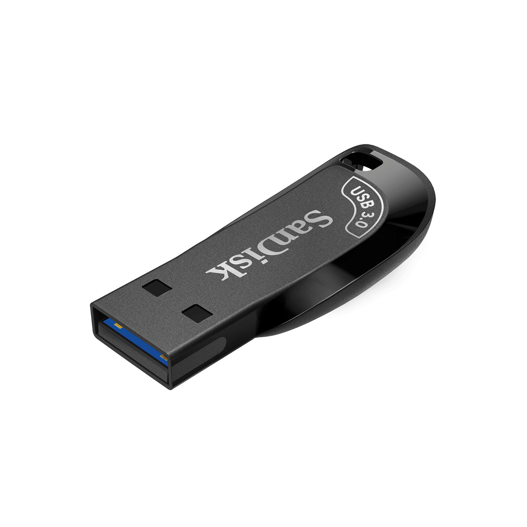 Schwarzer und grauer SanDisk USB 3.0-Flash-Laufwerk. Das SanDisk-Logo ist sichtbar. Der USB-Anschluss ist blau.