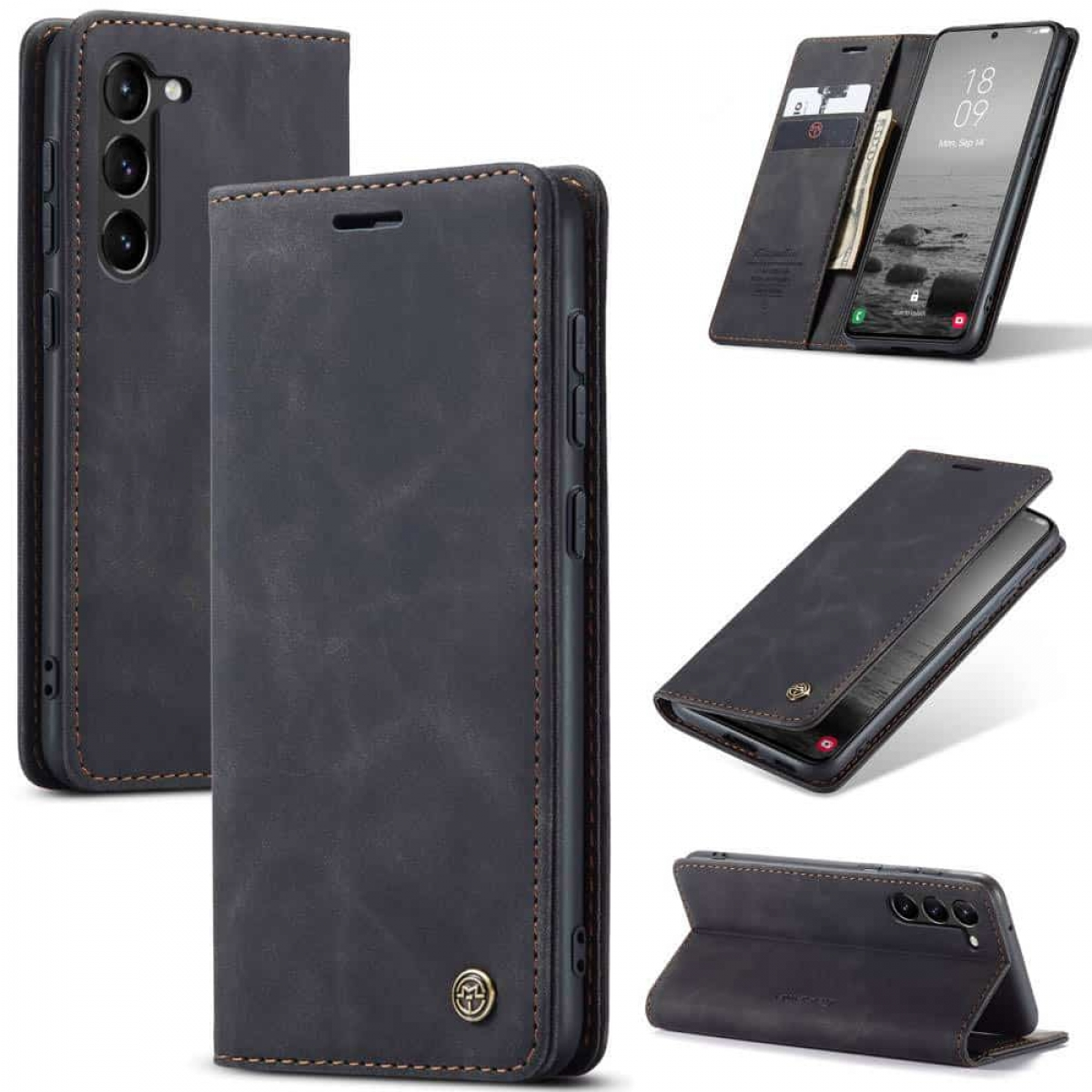 Schwarze Handyhülle mit mehreren Ansichten, die ein Telefon und Kartenfächer zeigen; braune Nähte.