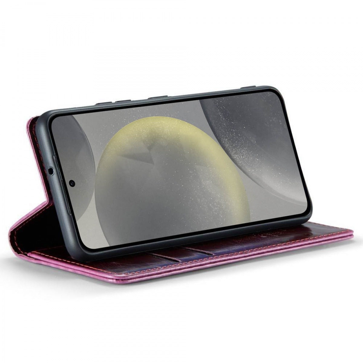 Smartphone in pinker Lederhülle, offen, zeigt Bildschirm mit gelb-grauem Hintergrund.
