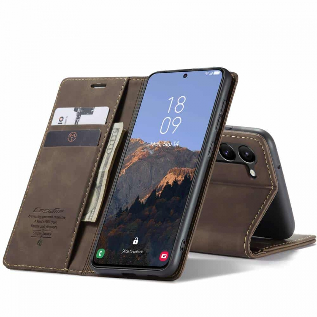 Braune Leder-Handyhülle, offen mit Geld und Karten, Telefon innen.