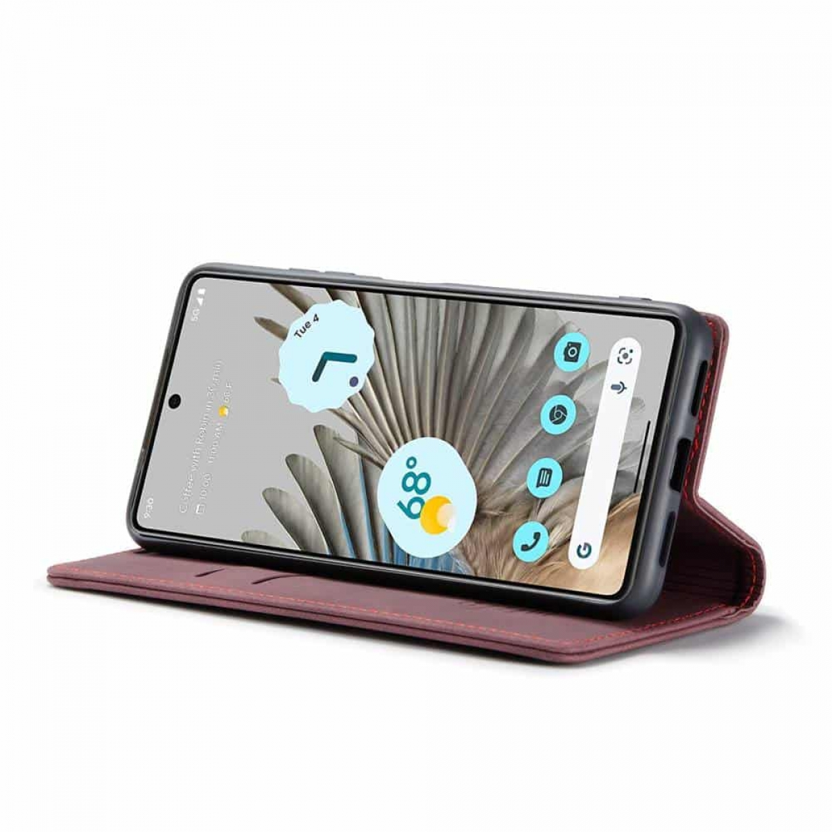 Telefon mit Hülle, Bildschirm sichtbar, auf Tisch.