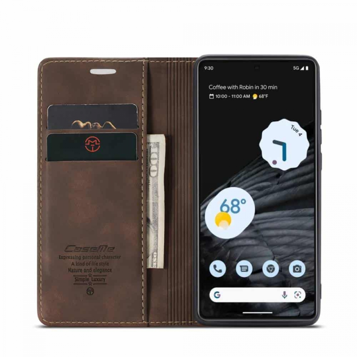 Braune Handyhülle mit Geldbörsenfunktion, zeigt Telefon und Karten.