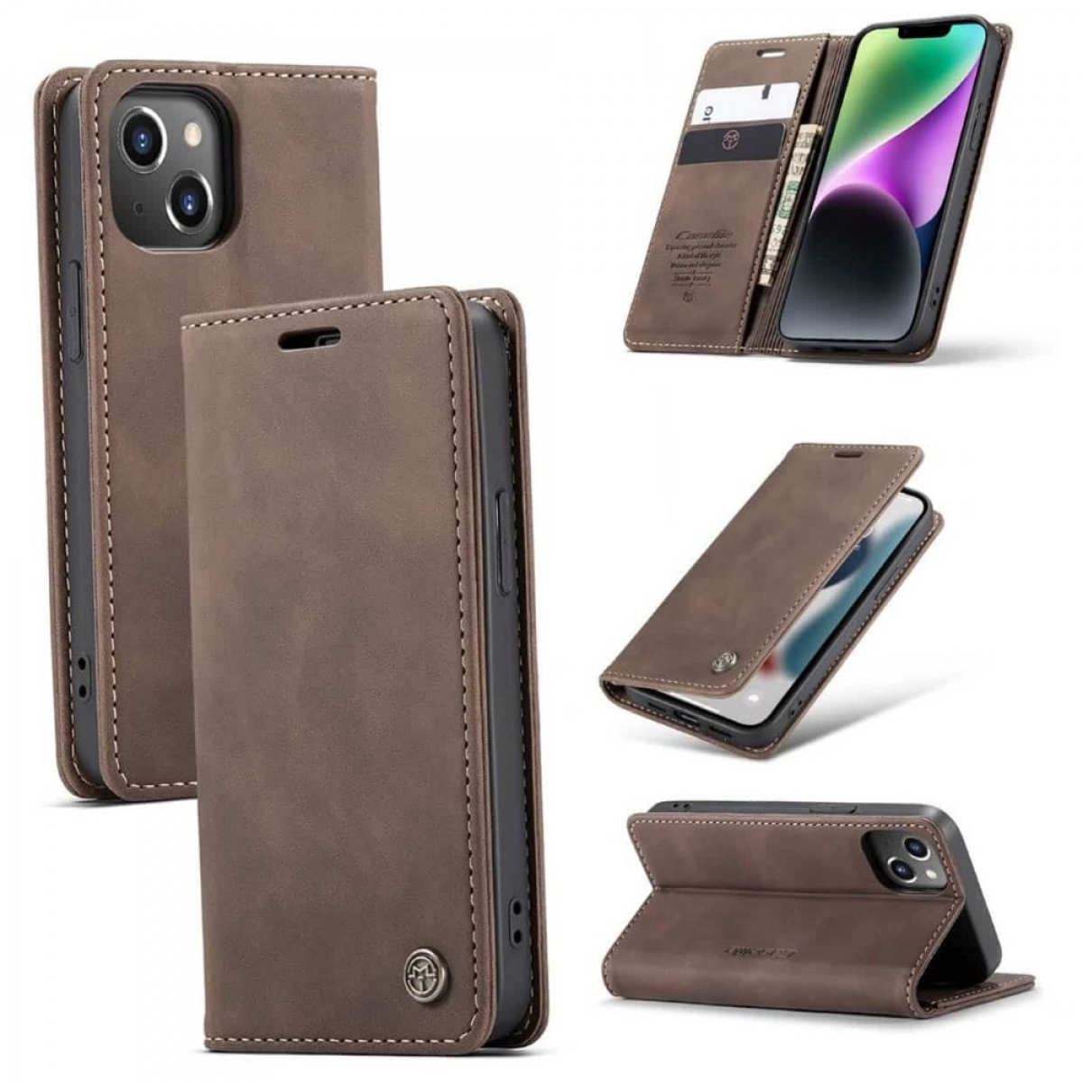 Braunes Leder-Handycase in mehreren Ansichten, offen, geschlossen und stehend. Mit Nähten und Magnetverschluss.