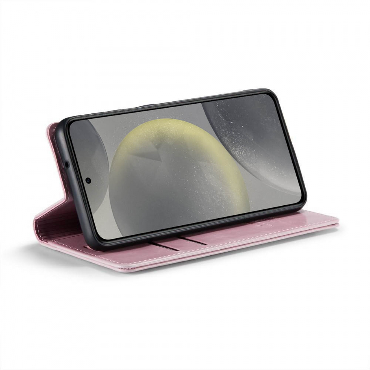 Geöffnete pinke Handyhülle, mit Telefon innen, weißer Hintergrund.