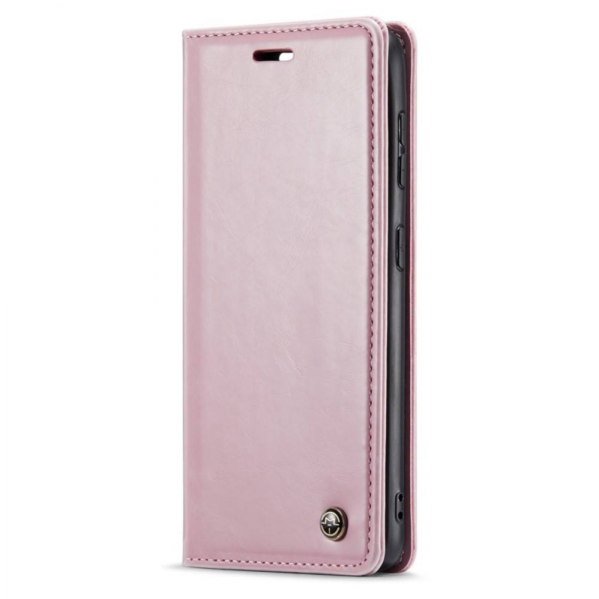 Pinkfarbene Handyhülle offen, mit Telefon darin. Hülle steht auf weißer Oberfläche.