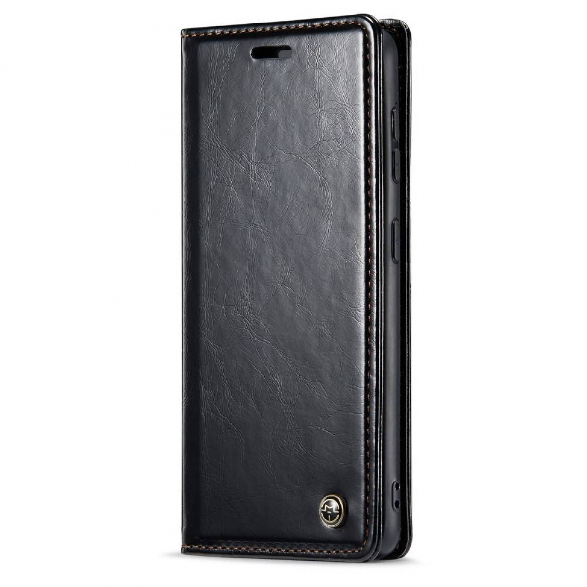 Schwarze Leder-Handyhülle mit Telefon. Weißer Hintergrund.