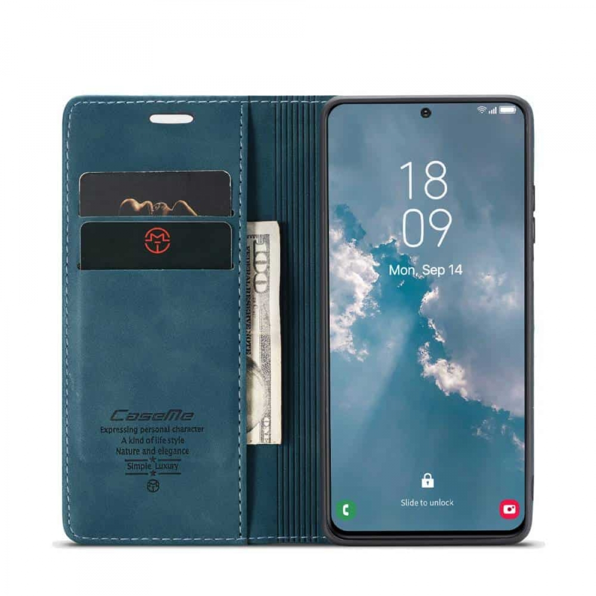 Blaue Brieftasche mit Karten und Geld, und ein Telefon mit Datum und Uhrzeit.