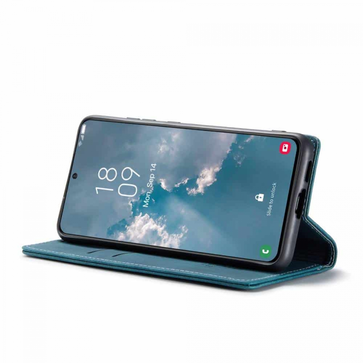Ein Telefon in einer tealfarbenen Hülle, geöffnet, zeigt einen Startbildschirm mit Datum und Uhrzeit.
