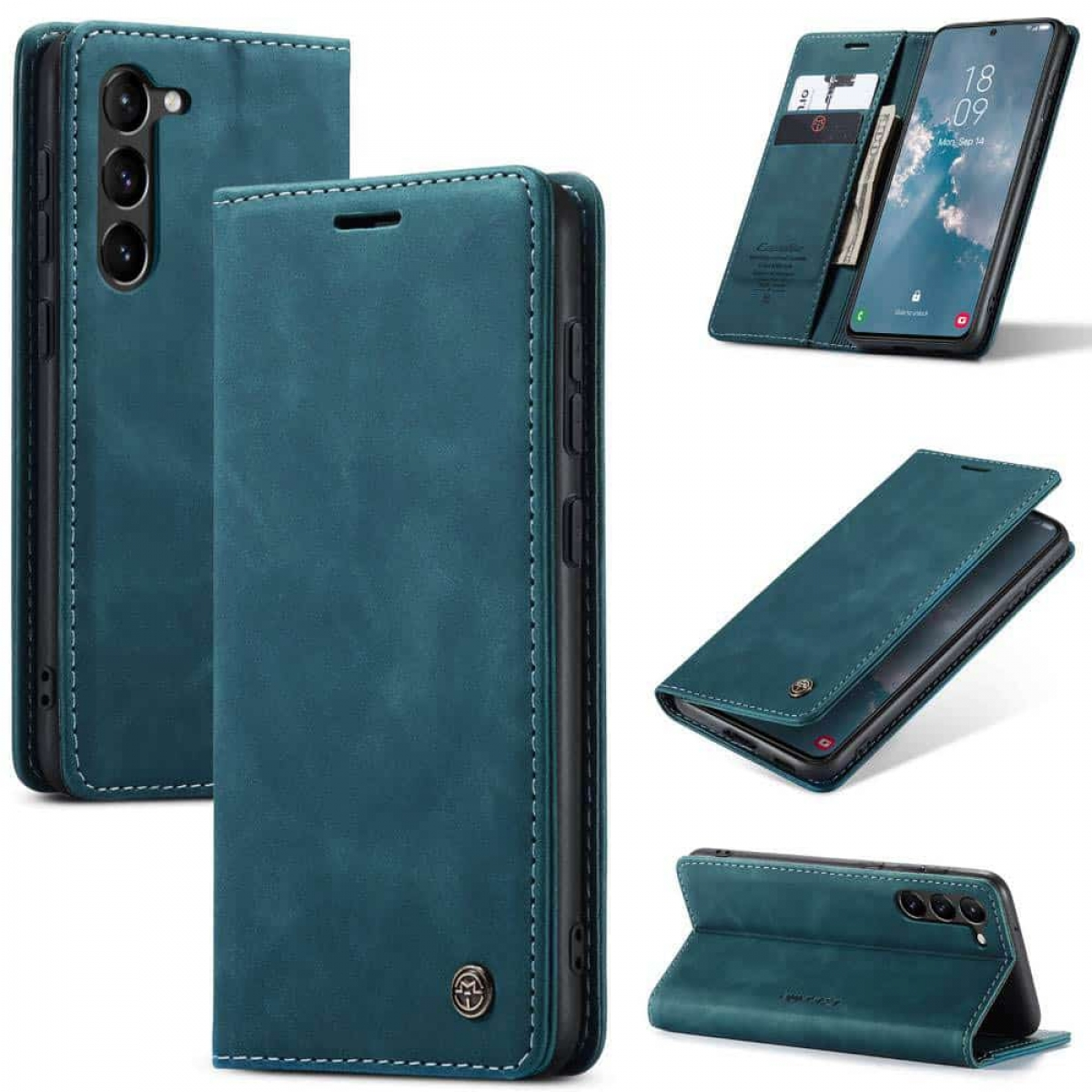 Blaue Handyhülle mit mehreren Ansichten, die ein Telefon und Kartenfächer zeigen; weiße Nähte.