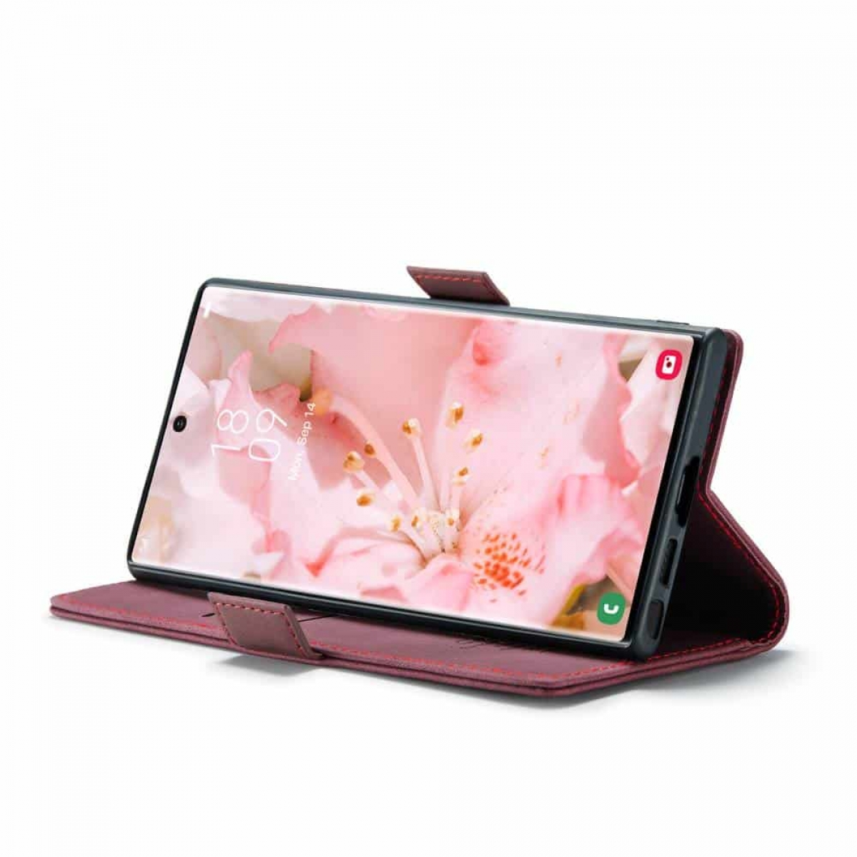 Ein Telefon in einer weinroten Hülle, das ein Blumenbild zeigt. Die Hülle ist geöffnet und zeigt den Bildschirm des Telefons.