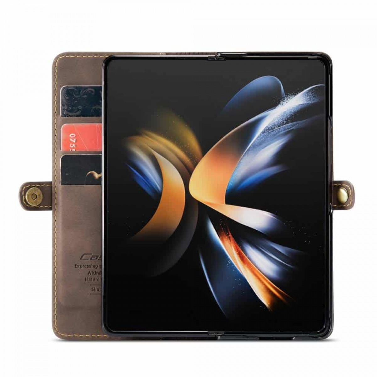 Faltbares Tablet in braunem Etui mit Karten und Knopfverschluss.