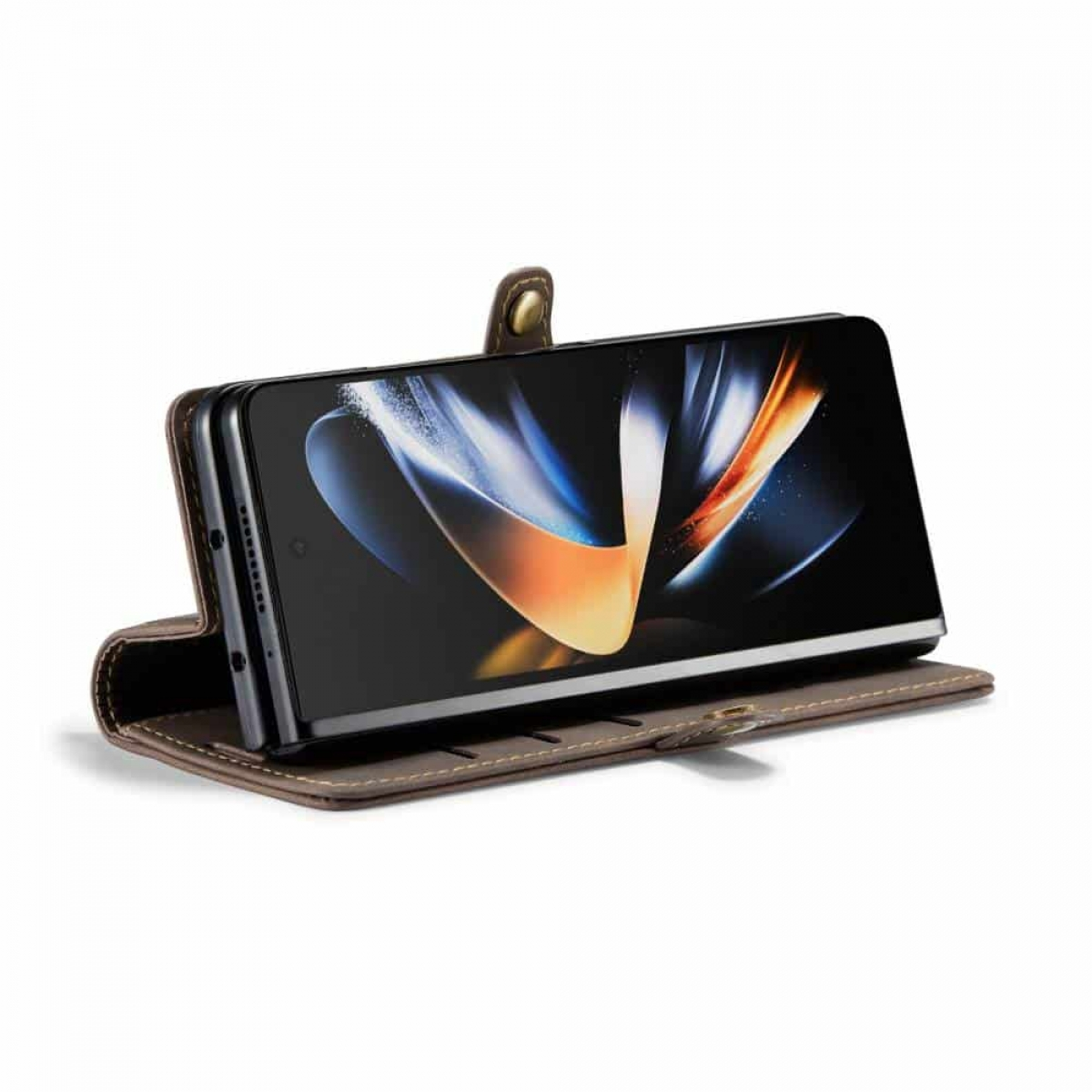 Geöffnete braune Handyhülle, die ein Telefon hält. Der Bildschirm zeigt orange, braune, gelbe abstrakte Kunst.