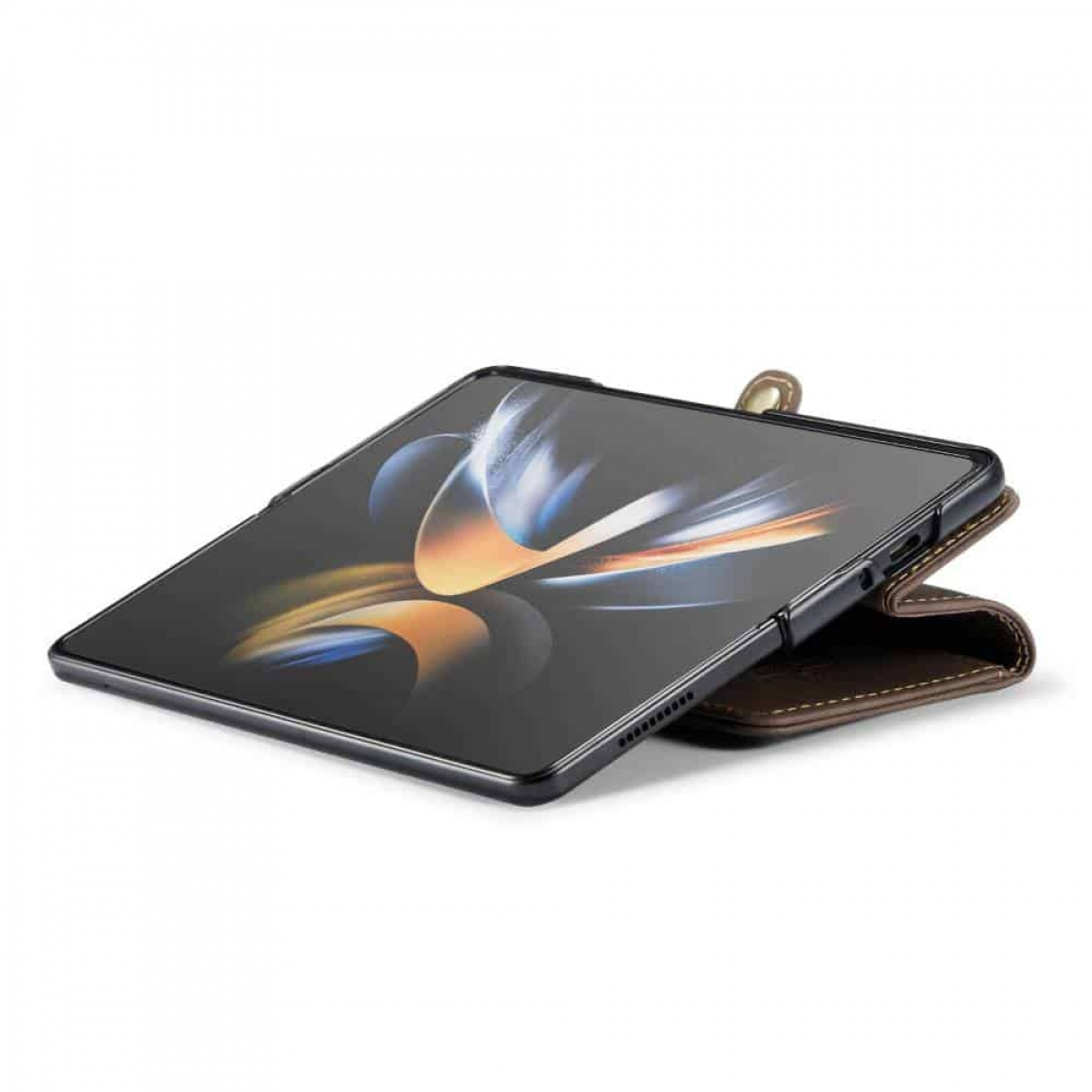 Faltbares Telefon in einer Lederhülle. Das Telefon ist geöffnet. Die Hülle ist braun. Der Bildschirm zeigt ein Design.