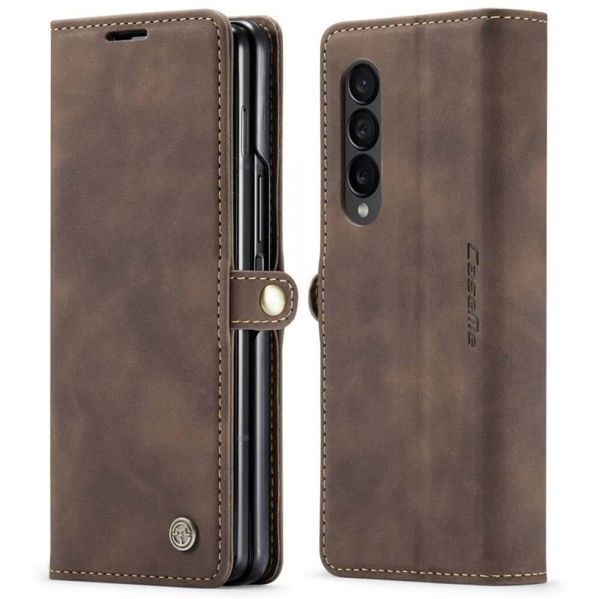 Eine braune Leder-Handyhülle, offen und geschlossen, mit einem Telefon und einem Magnetverschluss.
