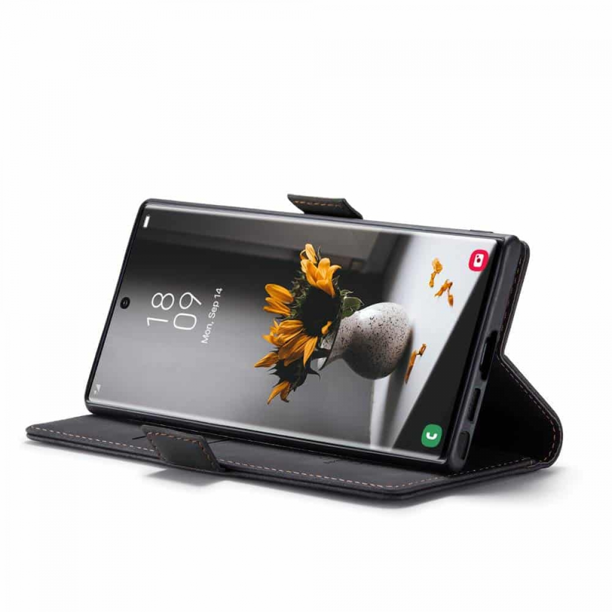 Smartphone in Ledertasche, zeigt Sonnenblumenbild auf dem Bildschirm.