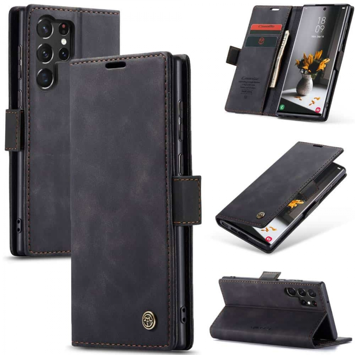 Eine schwarze Leder-Handyhülle, offen und geschlossen, mit Nähten. Sie ist für ein Telefon und hat Kartenfächer.