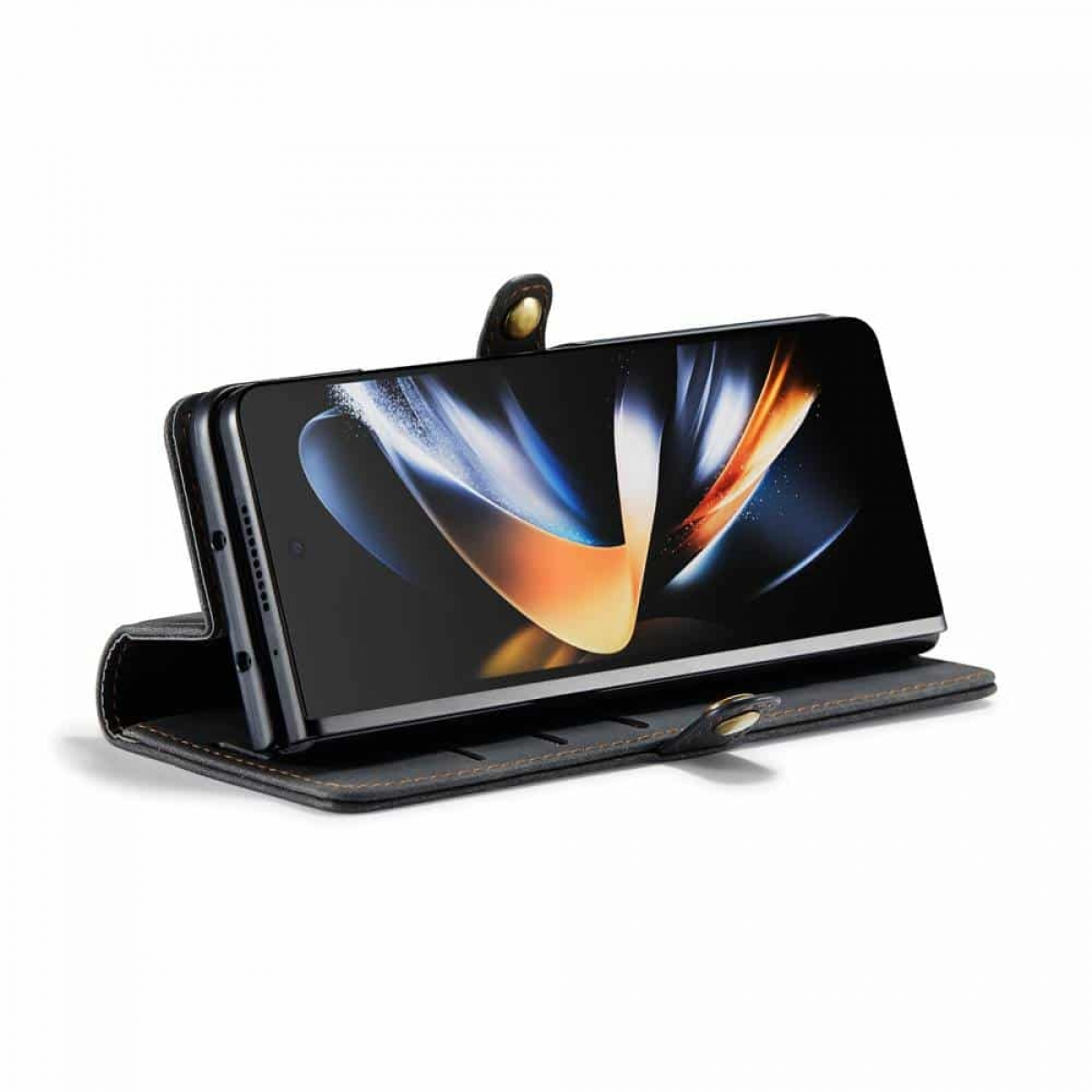 Schwarzes Telefon in einer schwarzen Lederhülle, aufgeklappt. Der Bildschirm des Telefons zeigt ein farbenfrohes Bild.