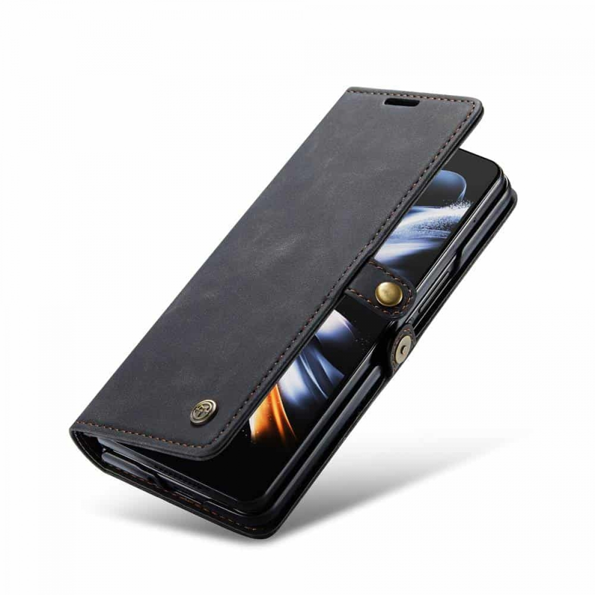 Schwarze Handyhülle, Brieftaschen-Stil, mit dem Telefon darin.