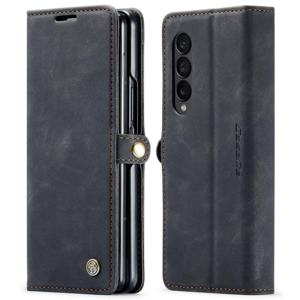 Eine schwarze Handyhülle, geöffnet. Das Telefon ist innen. Es gibt einen Knopfverschluss.